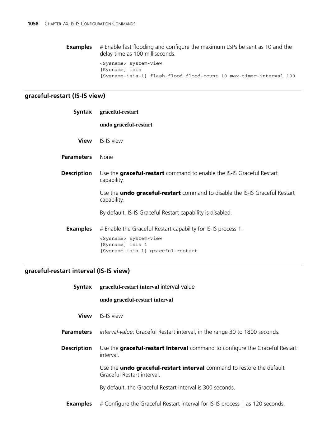 3Com MSR 30, MSR 50 manual Graceful-restart IS-IS view, Graceful-restart interval IS-IS view 