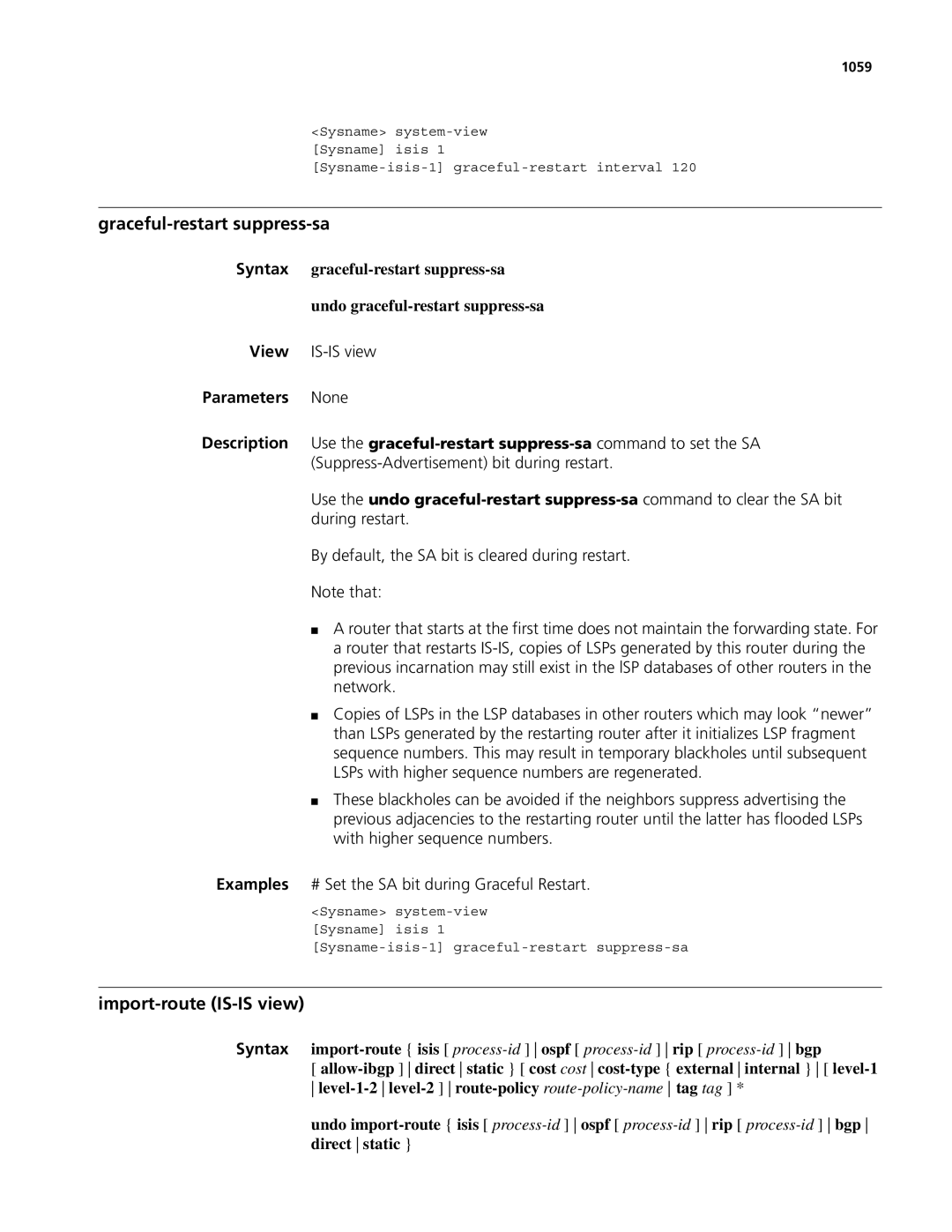 3Com MSR 50, MSR 30 manual Graceful-restart suppress-sa, Import-route IS-IS view, Undo graceful-restart suppress-sa 