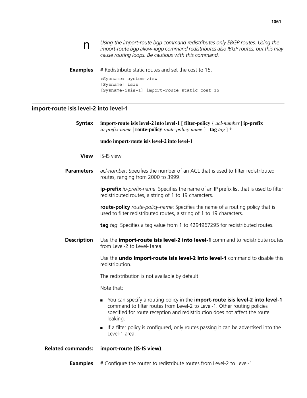 3Com MSR 50 manual Import-route isis level-2 into level-1, Examples # Redistribute static routes and set the cost to, 1061 