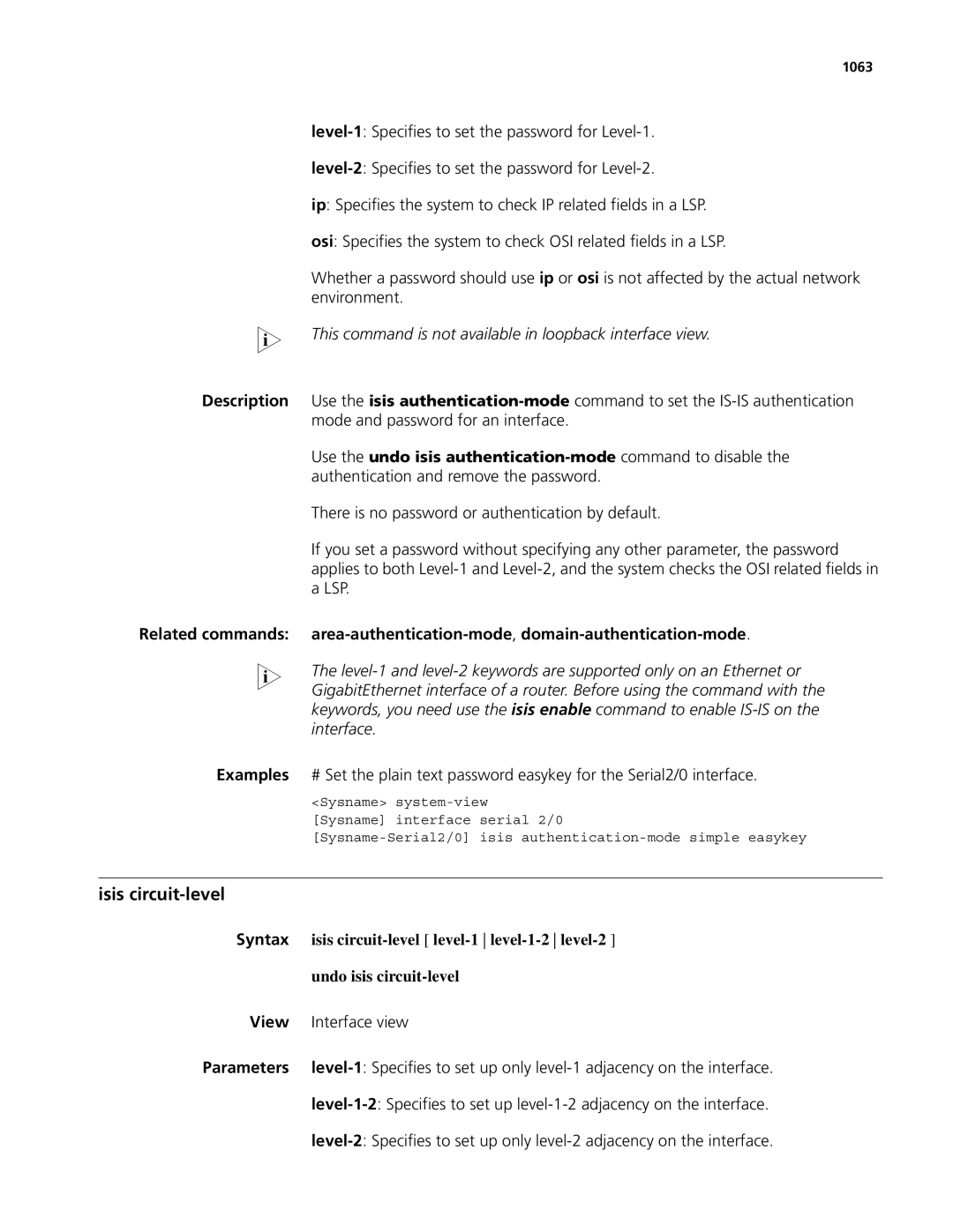 3Com MSR 50 This command is not available in loopback interface view, Isis circuit-level level-1 level-1-2 level-2, 1063 