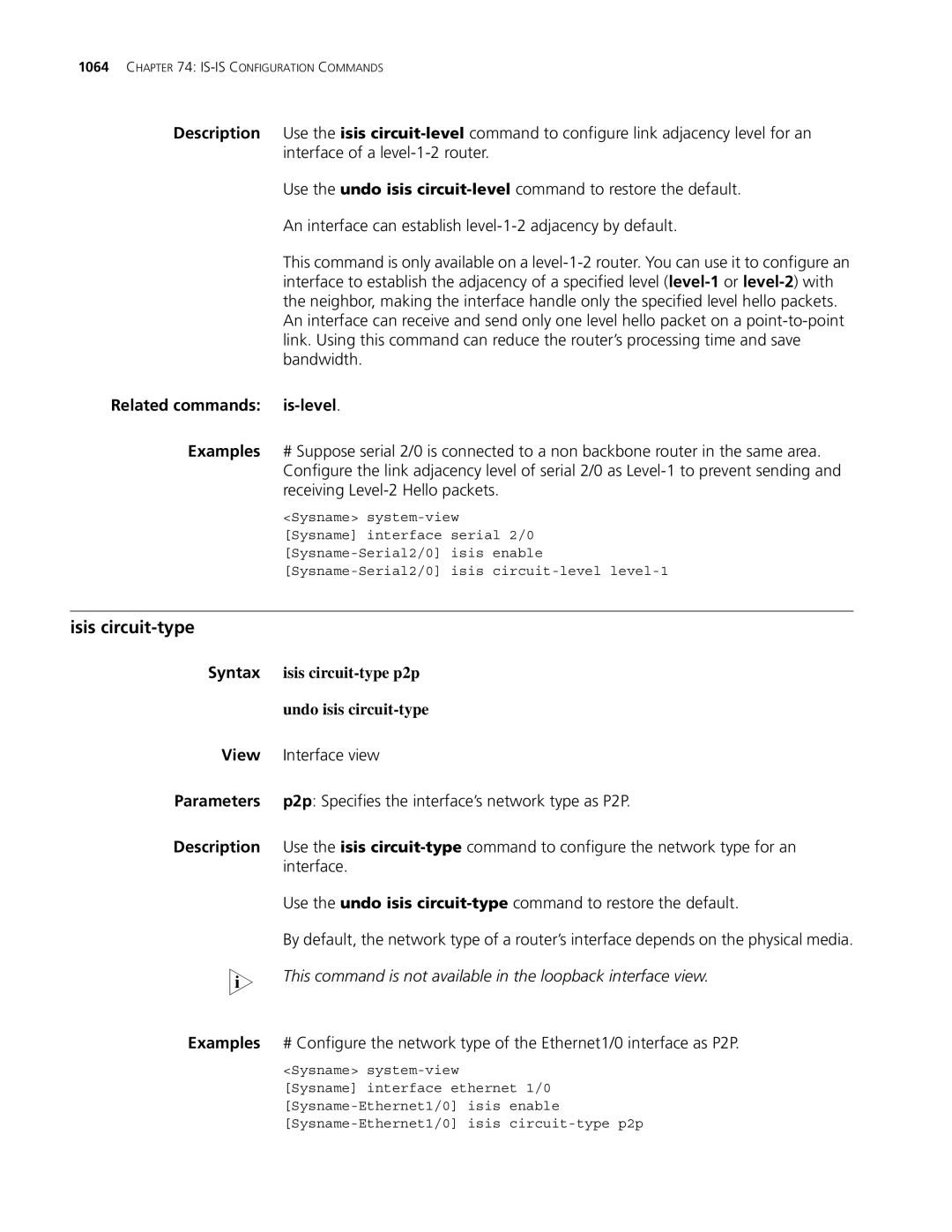 3Com MSR 30, MSR 50 manual Isis circuit-type, Related commands is-level, Syntax isis circuit-type p2p Undo isis circuit-type 