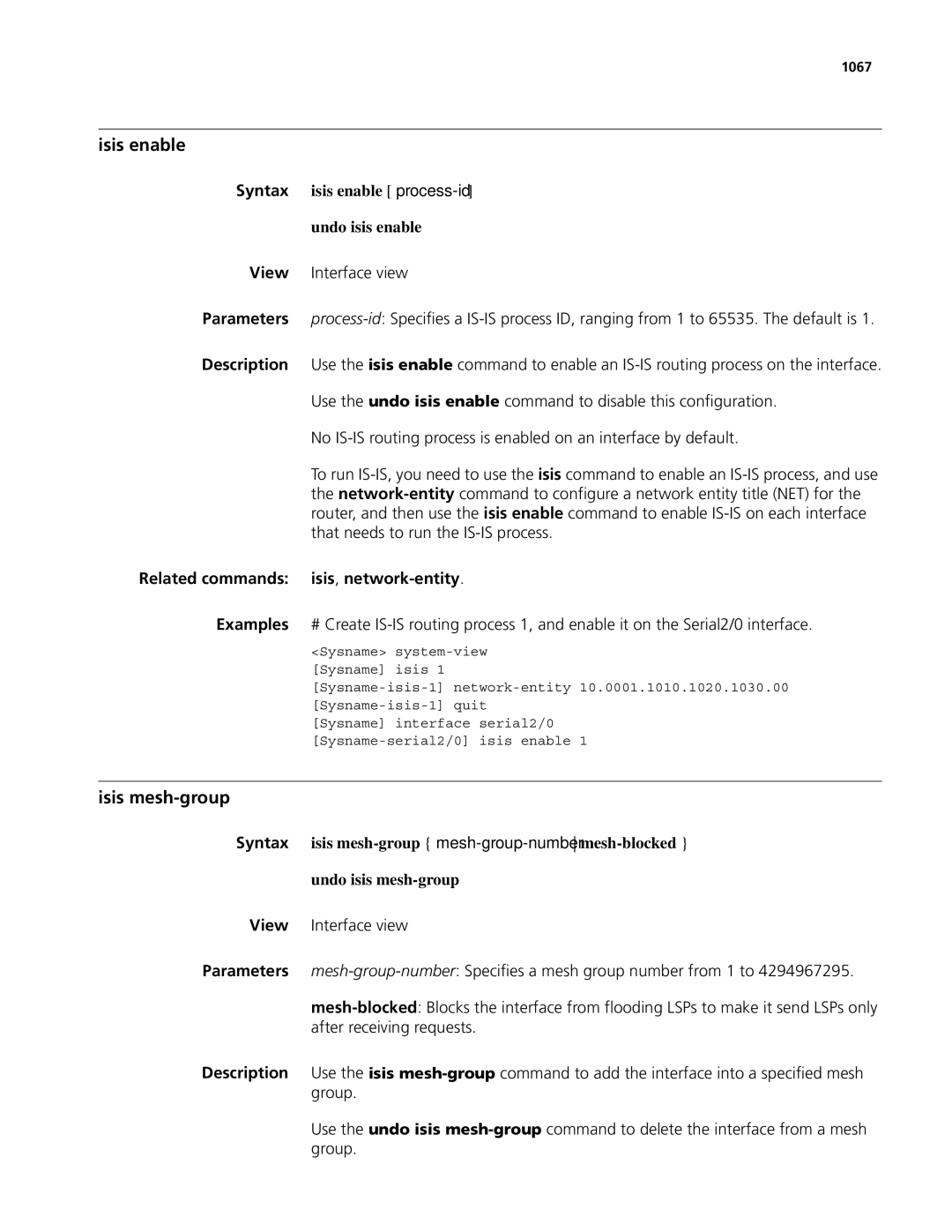 3Com MSR 50, MSR 30 manual Isis enable, Isis mesh-group, Syntax isis enable process-id Undo isis enable, 1067 