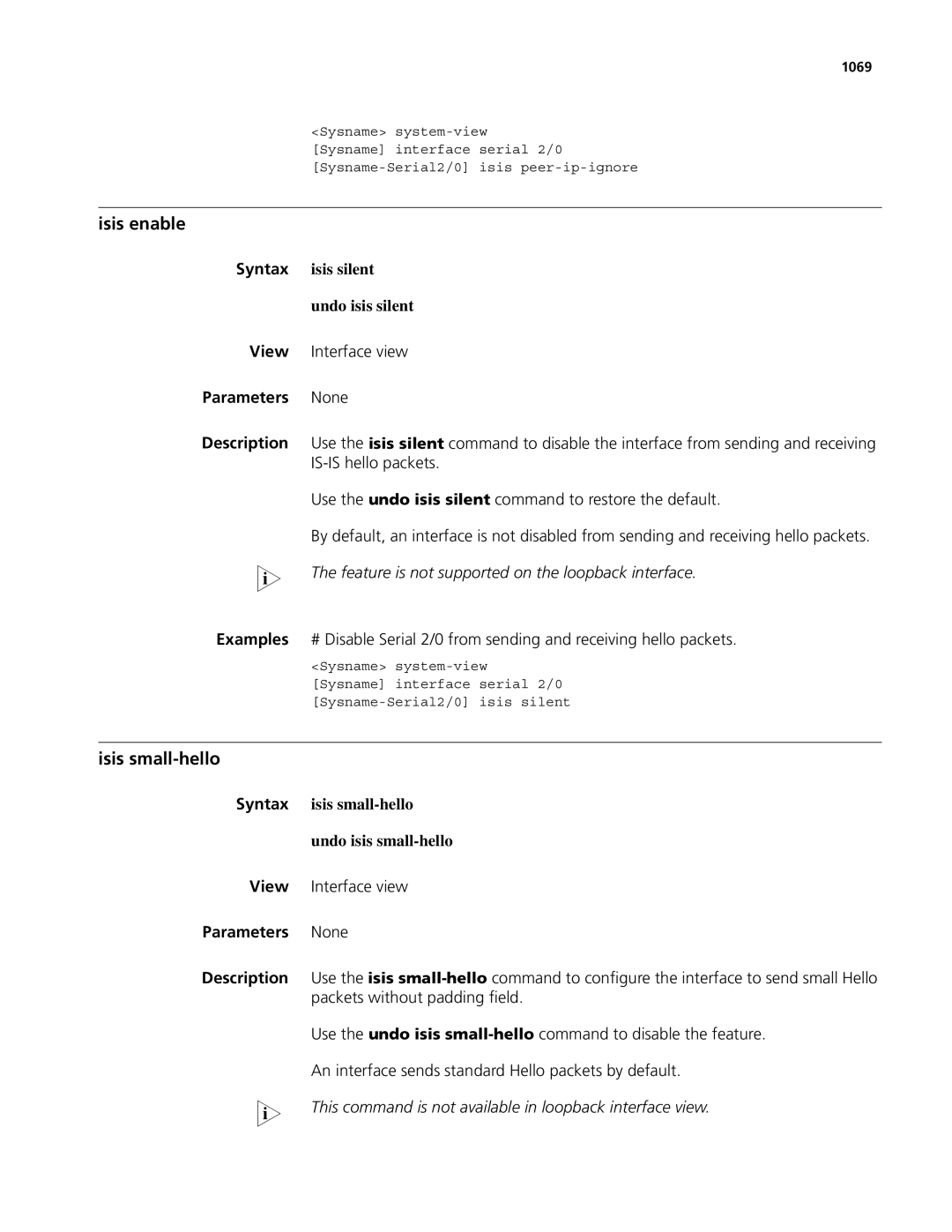 3Com MSR 50 Isis small-hello, Syntax isis silent Undo isis silent, Syntax isis small-hello Undo isis small-hello, 1069 