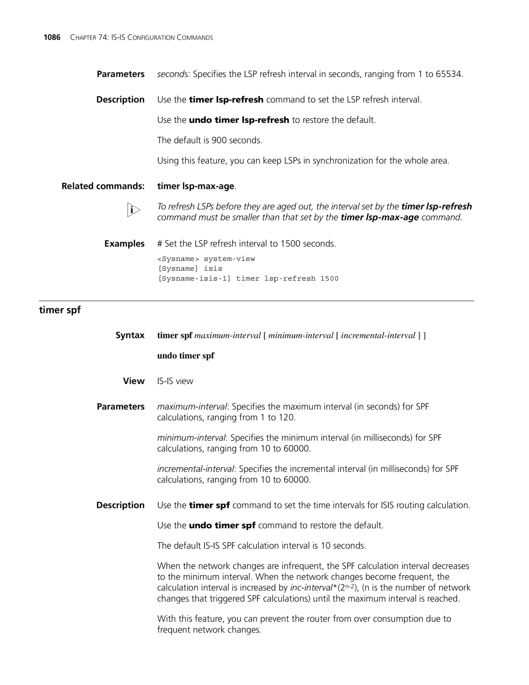 3Com MSR 30, MSR 50 Timer spf, Related commands timer lsp-max-age, Examples # Set the LSP refresh interval to 1500 seconds 