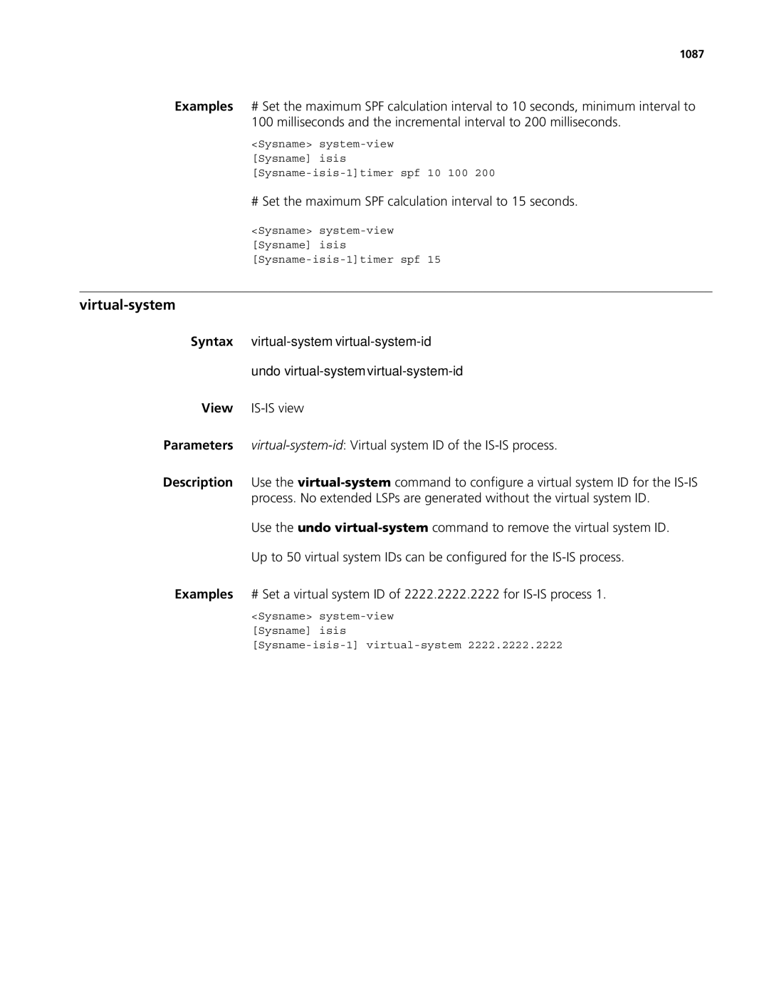 3Com MSR 50, MSR 30 manual Virtual-system, # Set the maximum SPF calculation interval to 15 seconds, 1087 