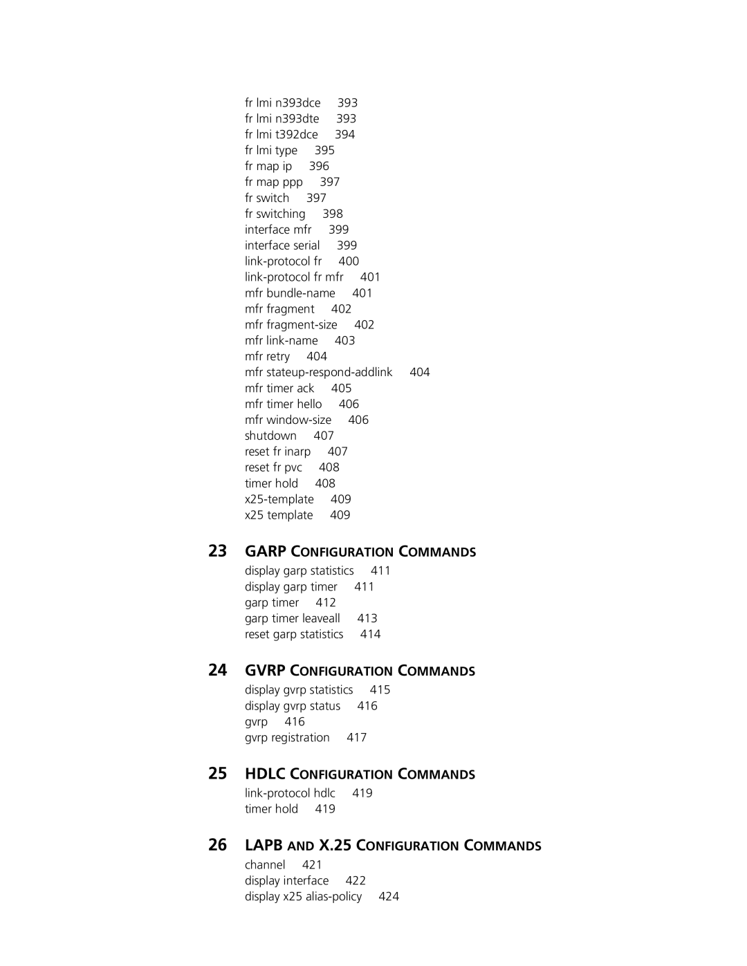 3Com MSR 50, MSR 30 manual Garp Configuration Commands, Gvrp Configuration Commands, Hdlc Configuration Commands 