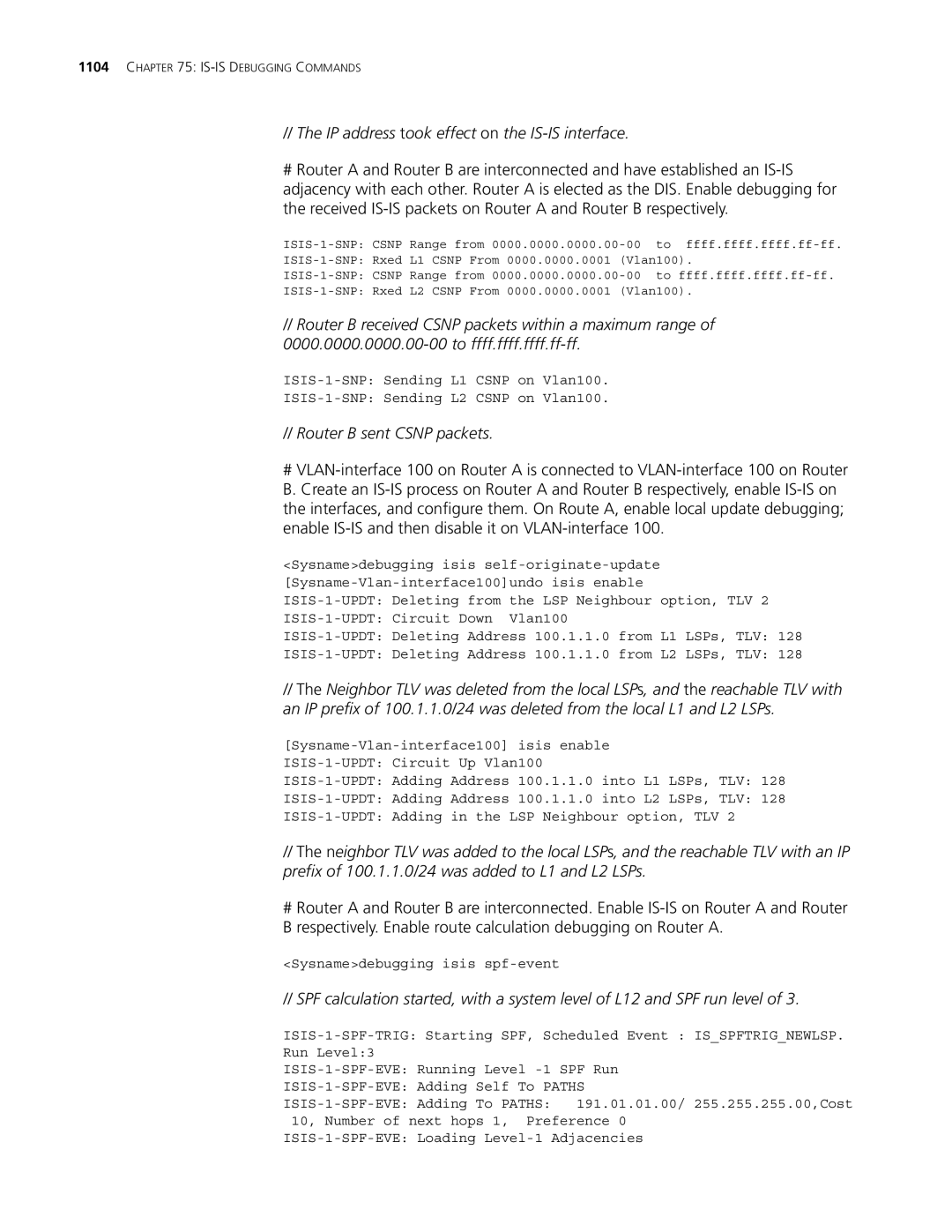 3Com MSR 30, MSR 50 manual IP address took effect on the IS-IS interface, Router B sent Csnp packets 