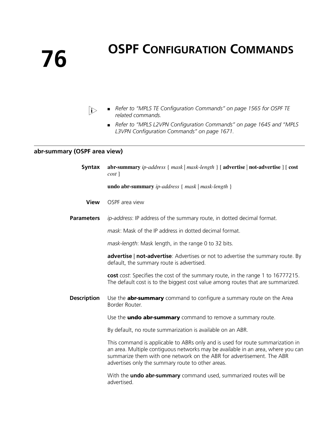 3Com MSR 50 Ospf Configuration Commands, Abr-summary Ospf area view, Related commands, L3VPN Configuration Commands on 