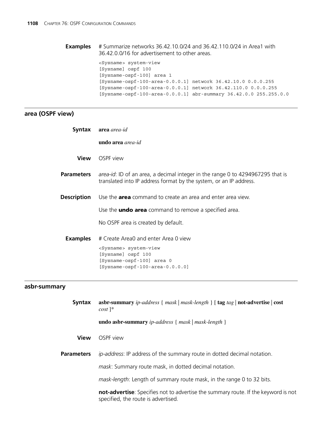 3Com MSR 30, MSR 50 manual Area Ospf view, Asbr-summary, Syntax area area-id, Undo area area-id 