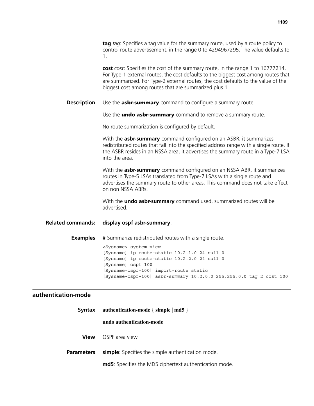 3Com MSR 50, MSR 30 manual Authentication-mode, Display ospf asbr-summary, View Ospf area view 