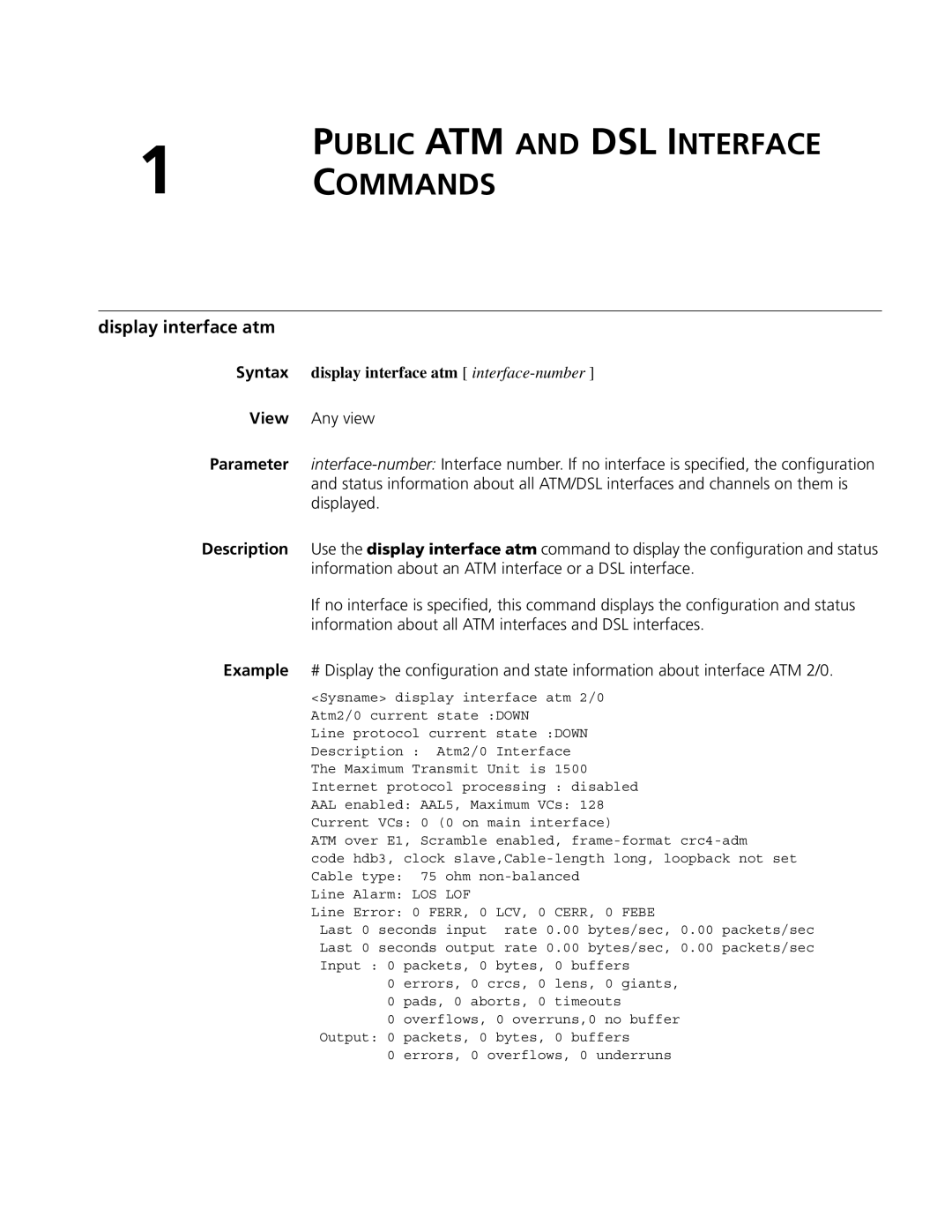 3Com MSR 50 Public ATM and DSL Interface Commands, Display interface atm, Syntax display interface atm interface-number 