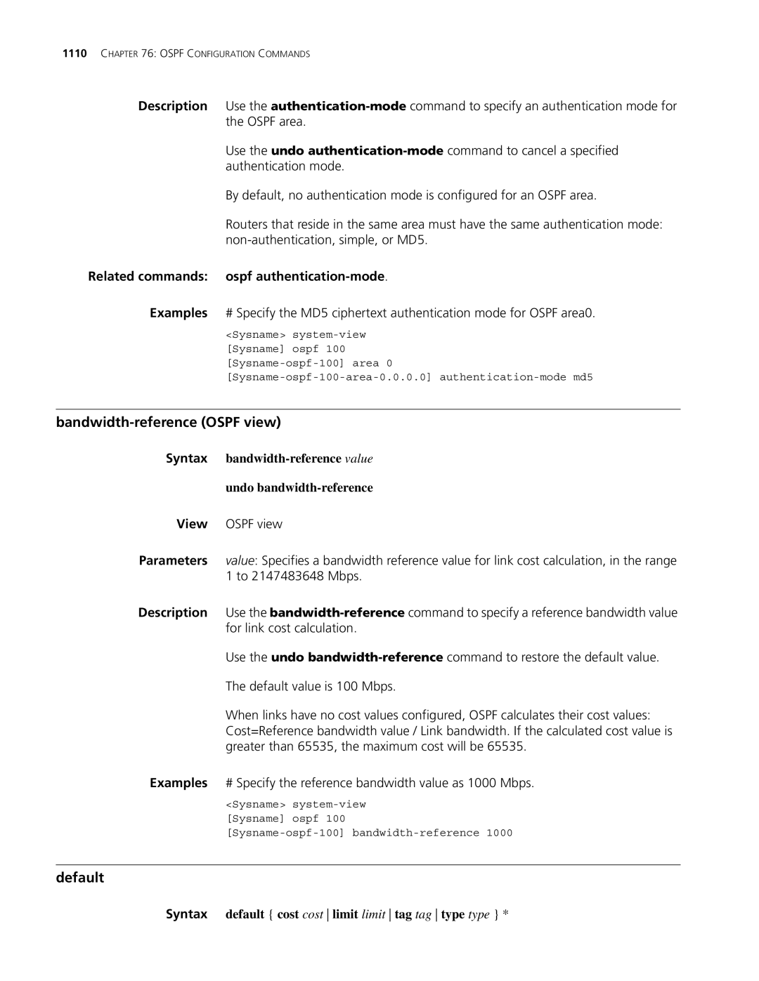 3Com MSR 30, MSR 50 manual Bandwidth-reference Ospf view, Default, Related commands ospf authentication-mode 