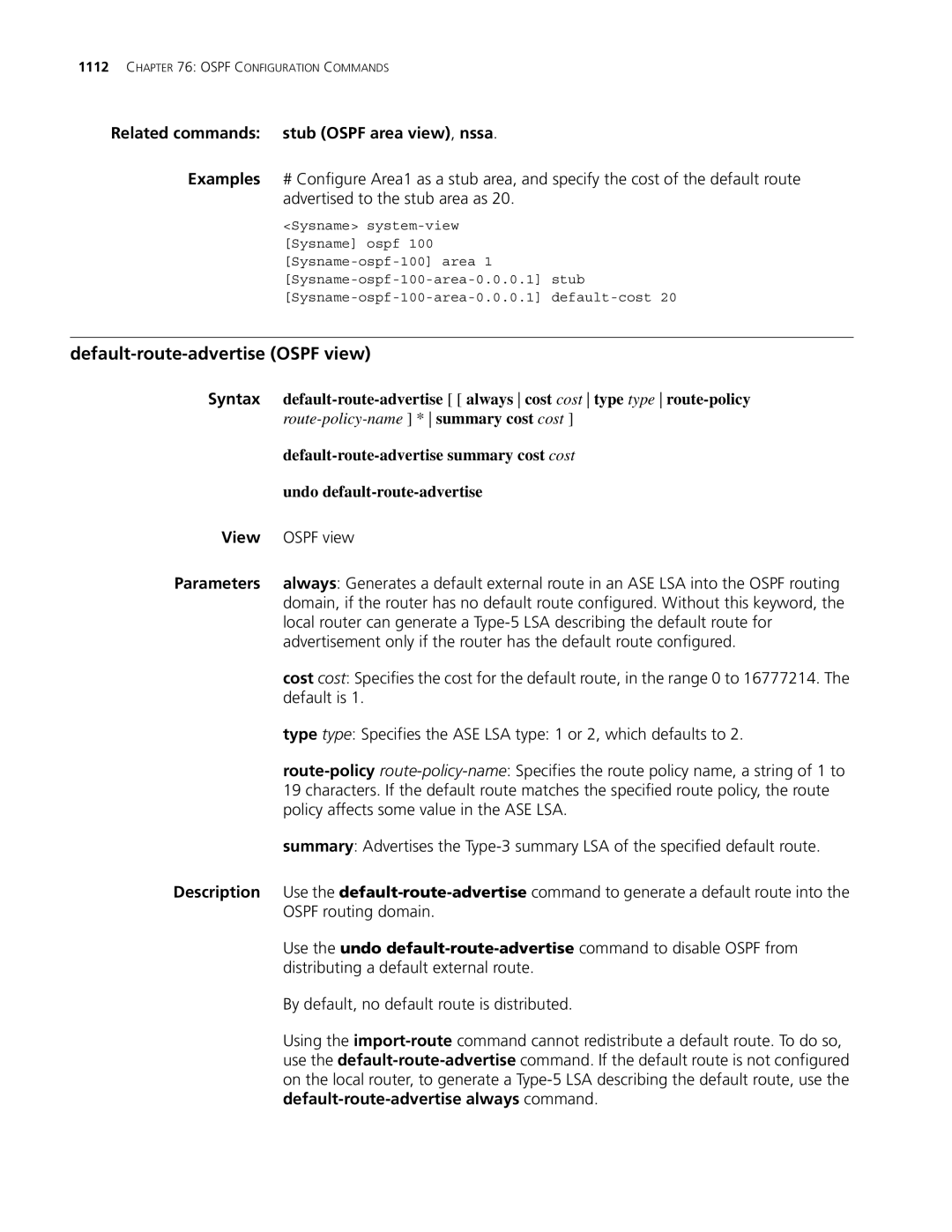 3Com MSR 30 Default-route-advertise Ospf view, Related commands stub Ospf area view, nssa, Undo default-route-advertise 