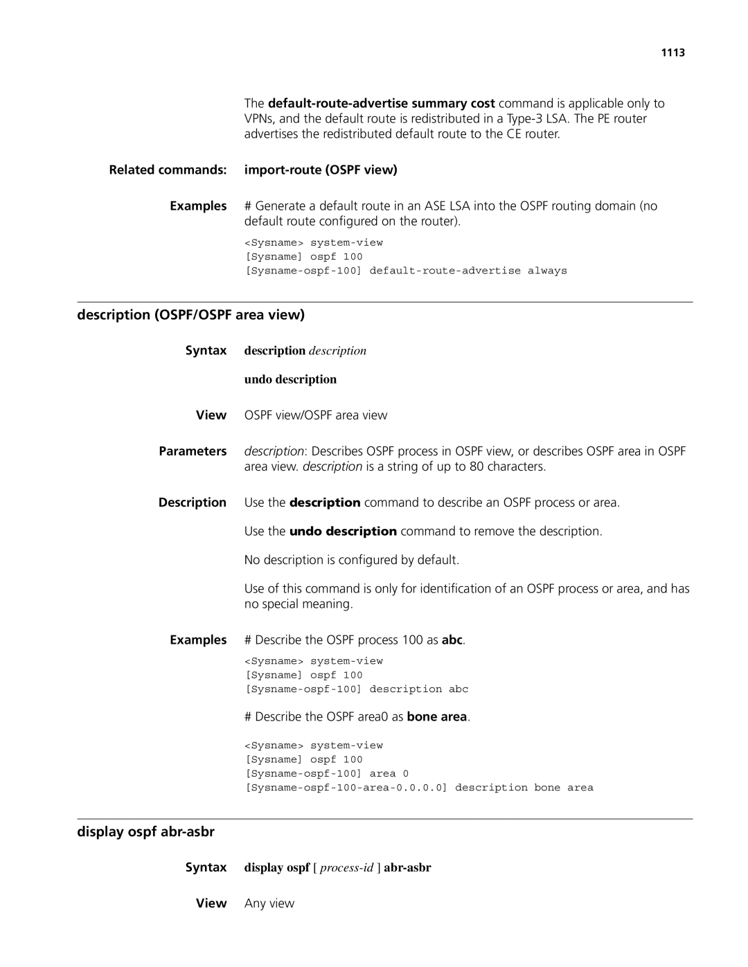 3Com MSR 50 manual Description OSPF/OSPF area view, Display ospf abr-asbr, Syntax description description Undo description 