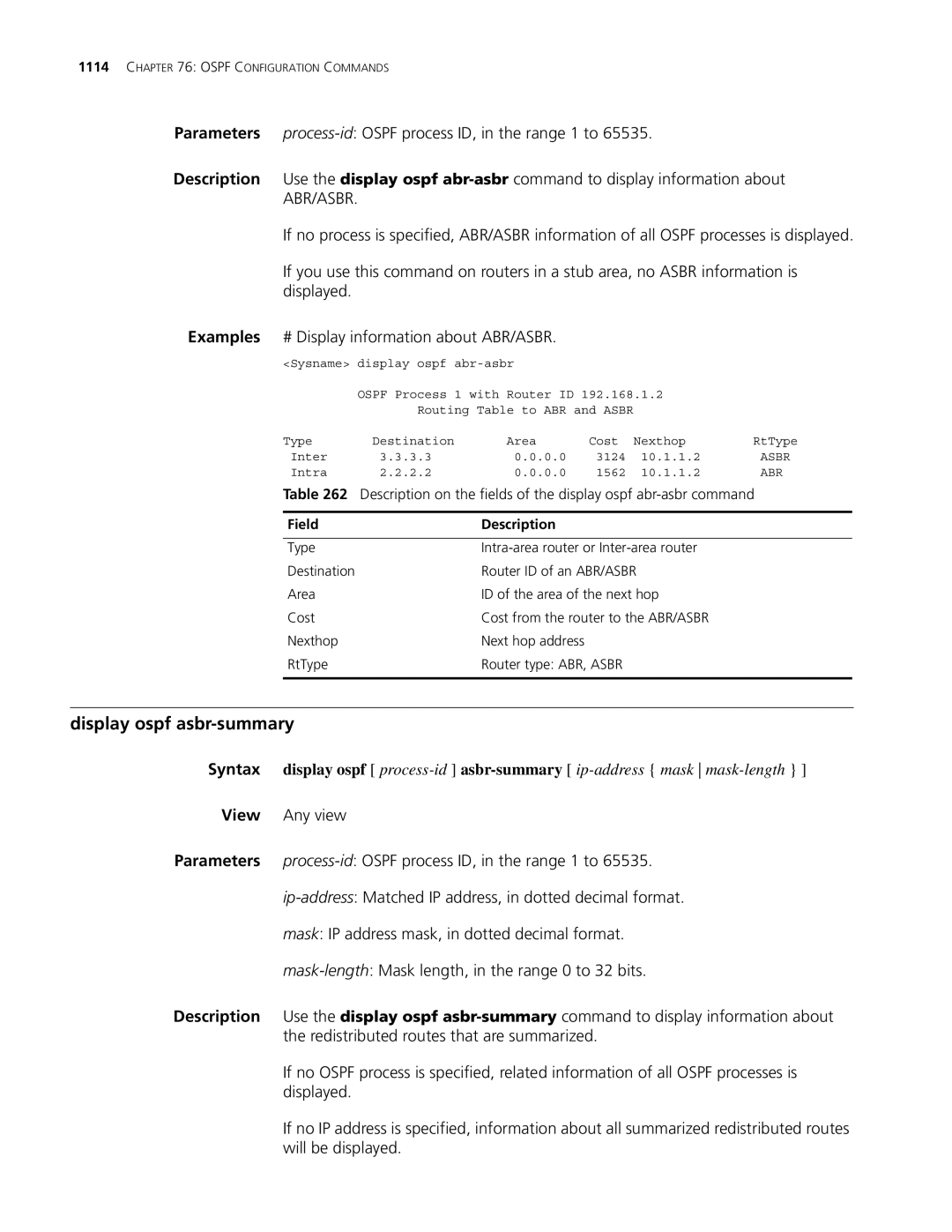 3Com MSR 30, MSR 50 manual Display ospf asbr-summary, Field Description 