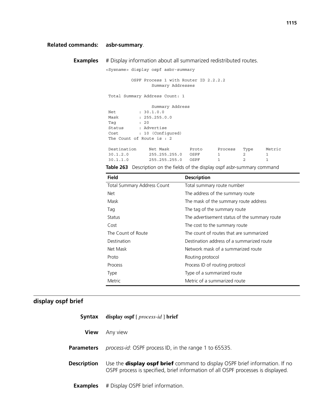 3Com MSR 50, MSR 30 manual Display ospf brief, Related commands asbr-summary, Syntax display ospf process-id brief, 1115 