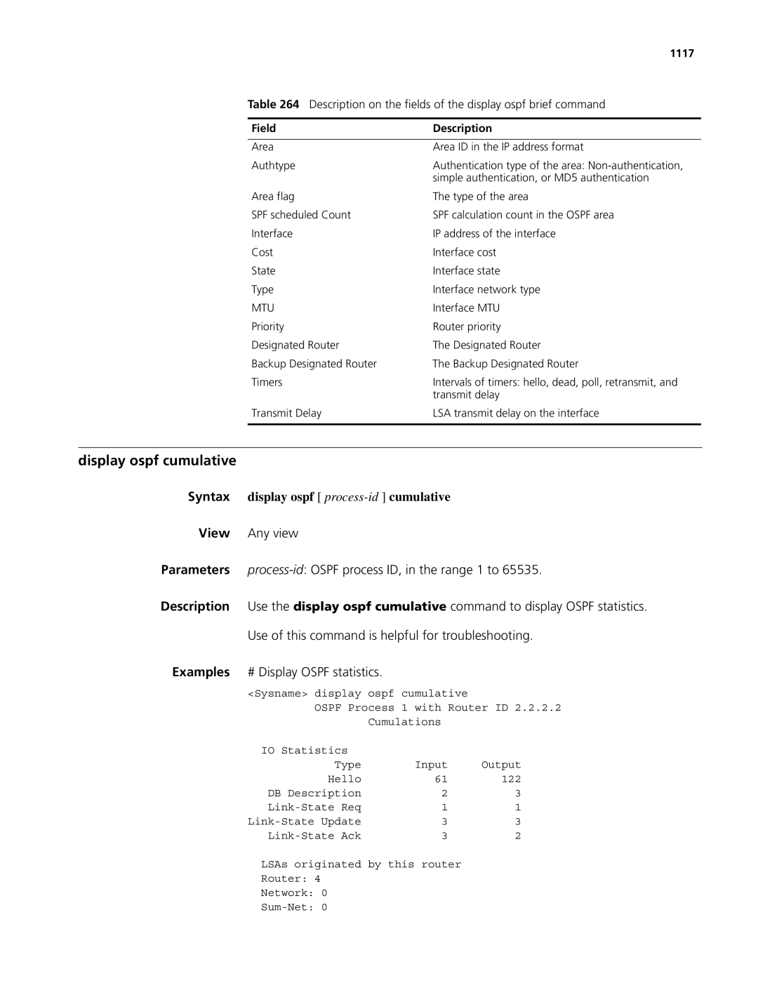 3Com MSR 50, MSR 30 manual Display ospf cumulative, Syntax display ospf process-id cumulative, 1117 