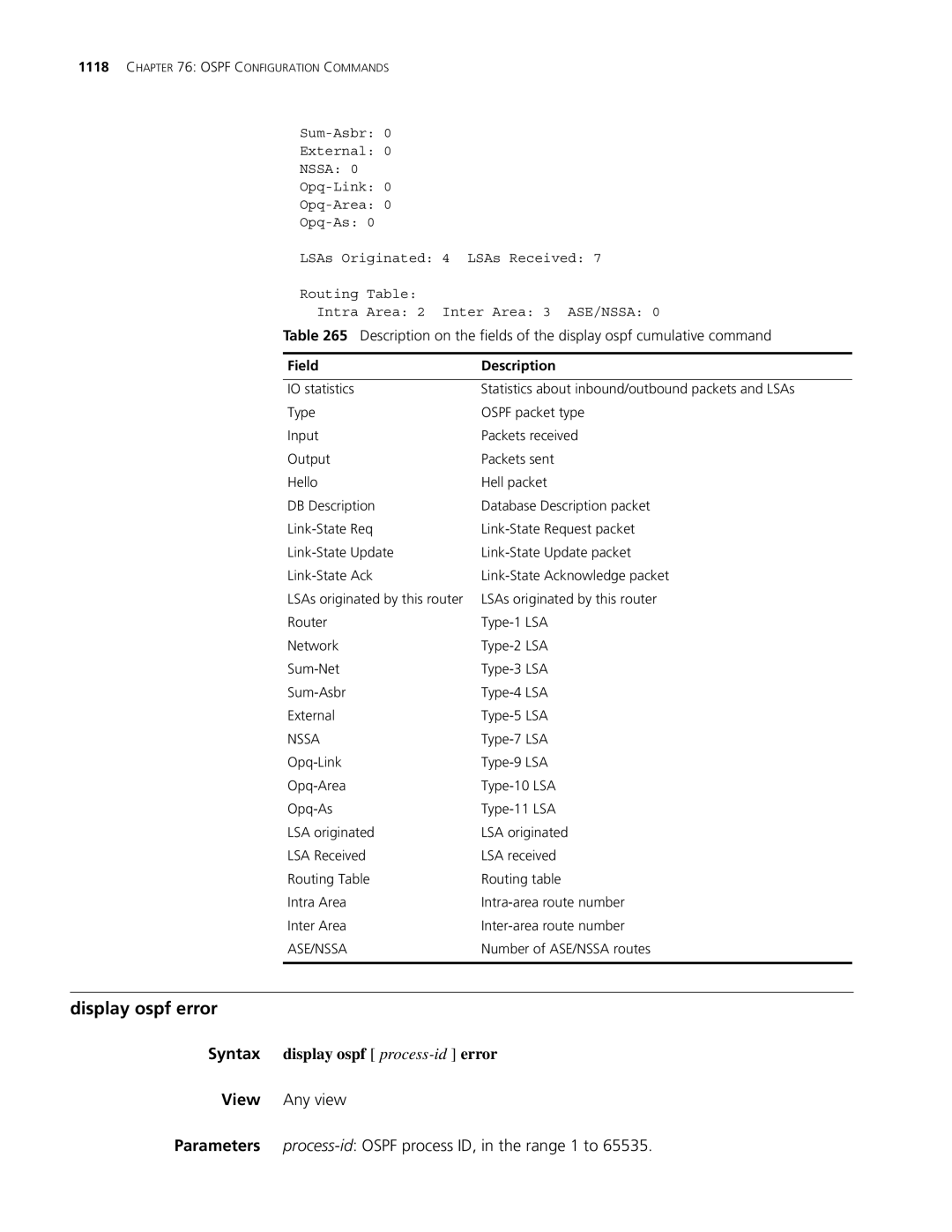 3Com MSR 30, MSR 50 manual Display ospf error, Syntax display ospf process-id error, Ase/Nssa 