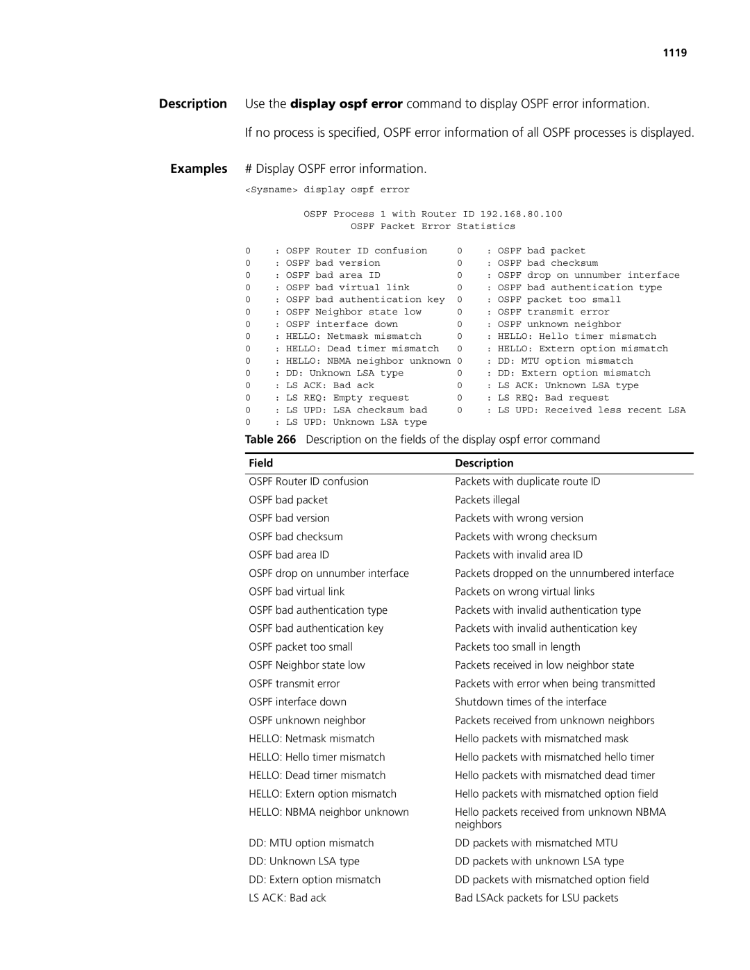 3Com MSR 50, MSR 30 manual Description on the fields of the display ospf error command, 1119 