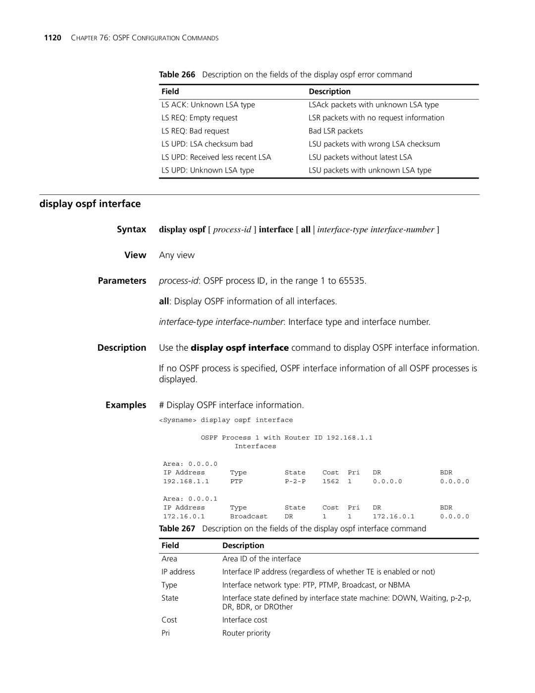 3Com MSR 30, MSR 50 manual Display ospf interface, View Any view 