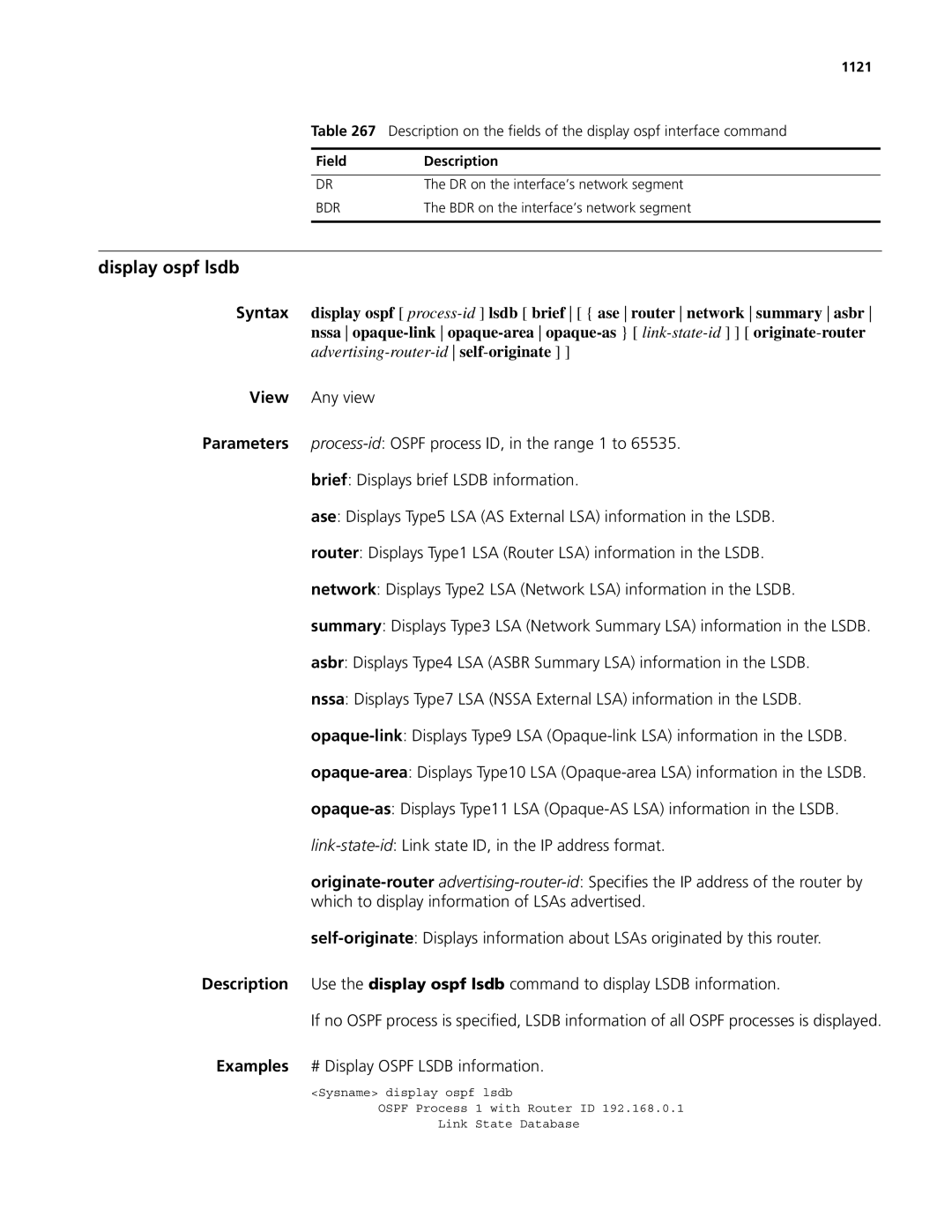 3Com MSR 50, MSR 30 manual Display ospf lsdb, 1121, Bdr 