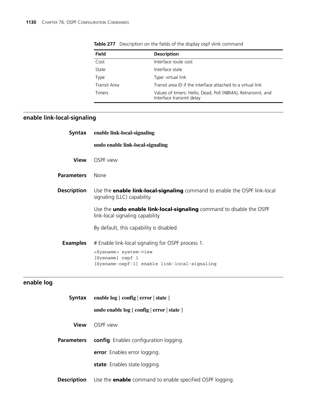 3Com MSR 30, MSR 50 manual Enable link-local-signaling, Enable log, View Ospf view, Error Enables error logging 