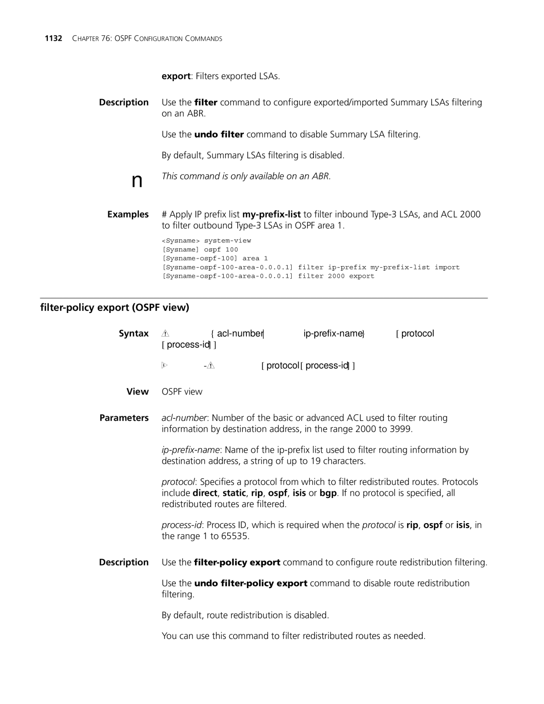 3Com MSR 30, MSR 50 manual Filter-policy export Ospf view, By default, Summary LSAs filtering is disabled 