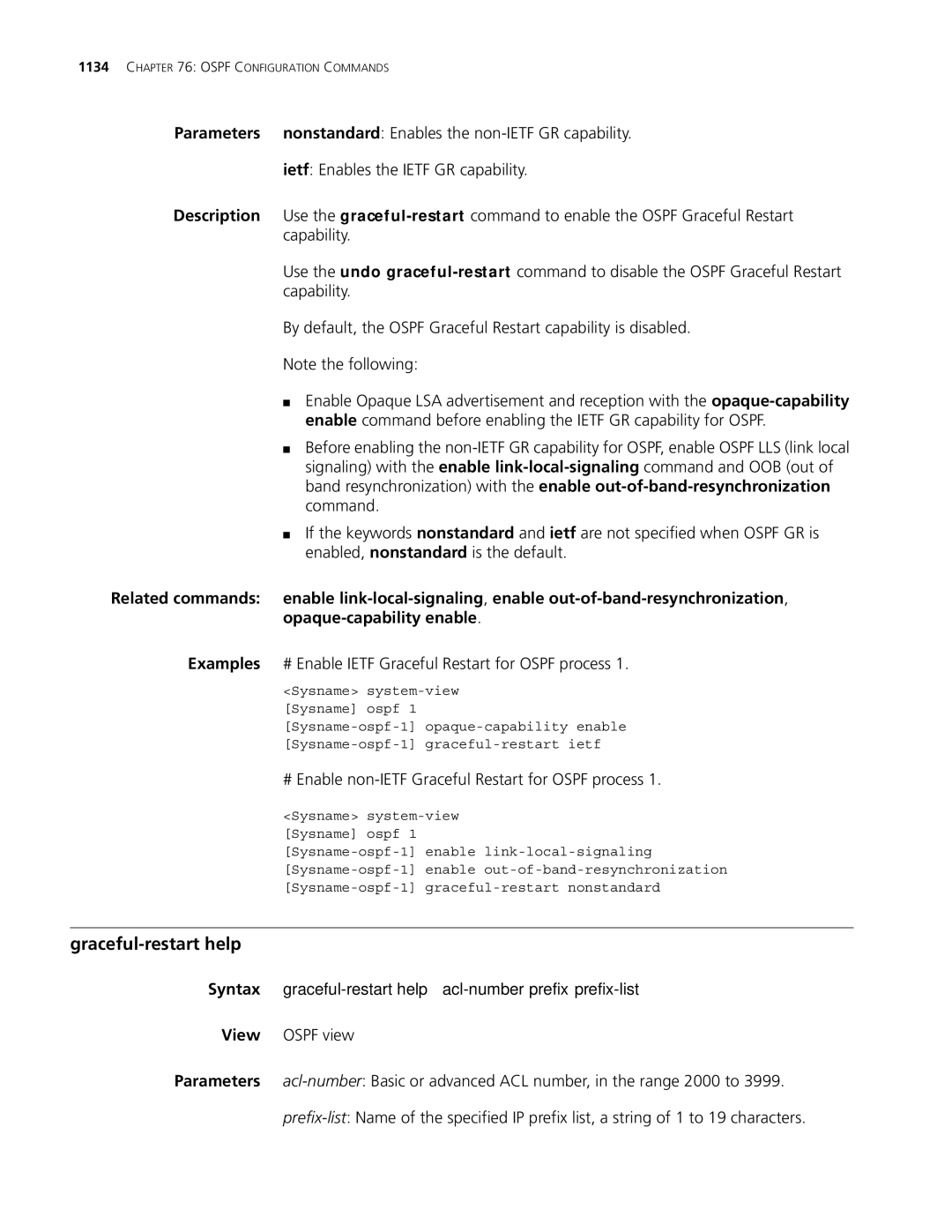 3Com MSR 30, MSR 50 manual Graceful-restart help, Examples # Enable Ietf Graceful Restart for Ospf process 