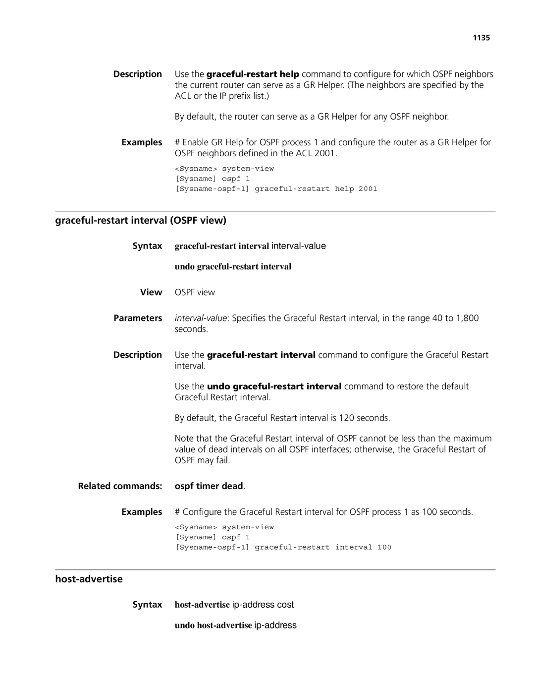 3Com MSR 50, MSR 30 manual Graceful-restart interval Ospf view, Host-advertise, Related commands ospf timer dead, 1135 