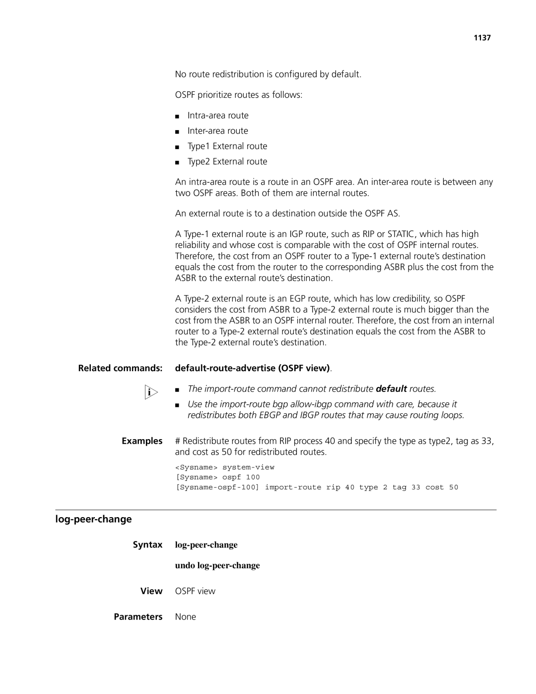 3Com MSR 50, MSR 30 manual Related commands Examples, Default-route-advertise Ospf view, 1137 