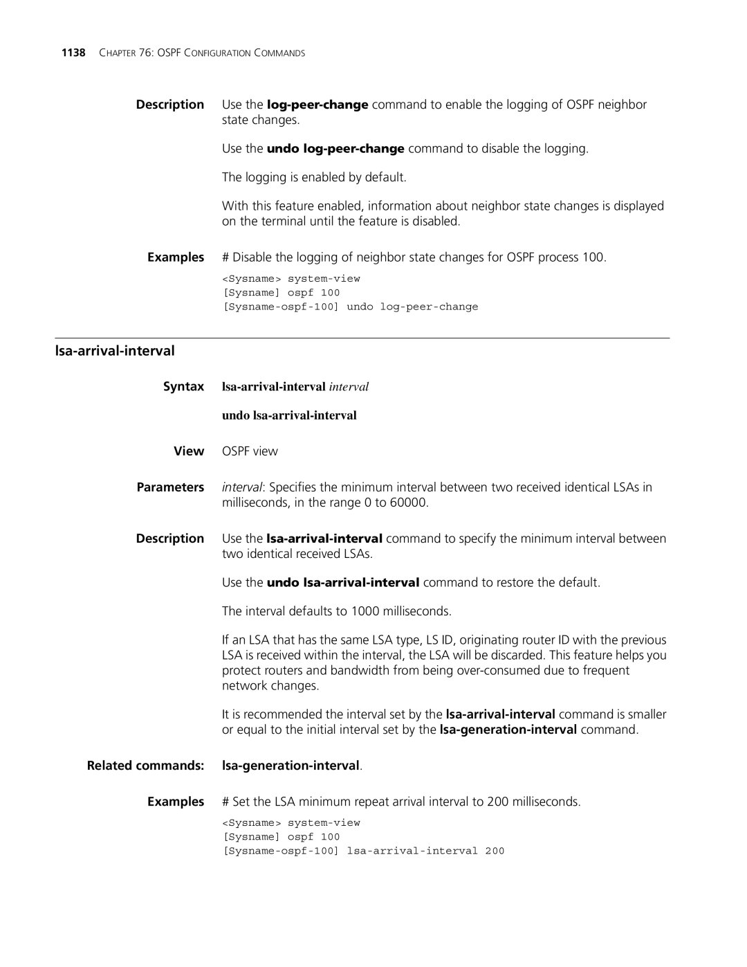 3Com MSR 30, MSR 50 manual Lsa-arrival-interval, Related commands lsa-generation-interval 