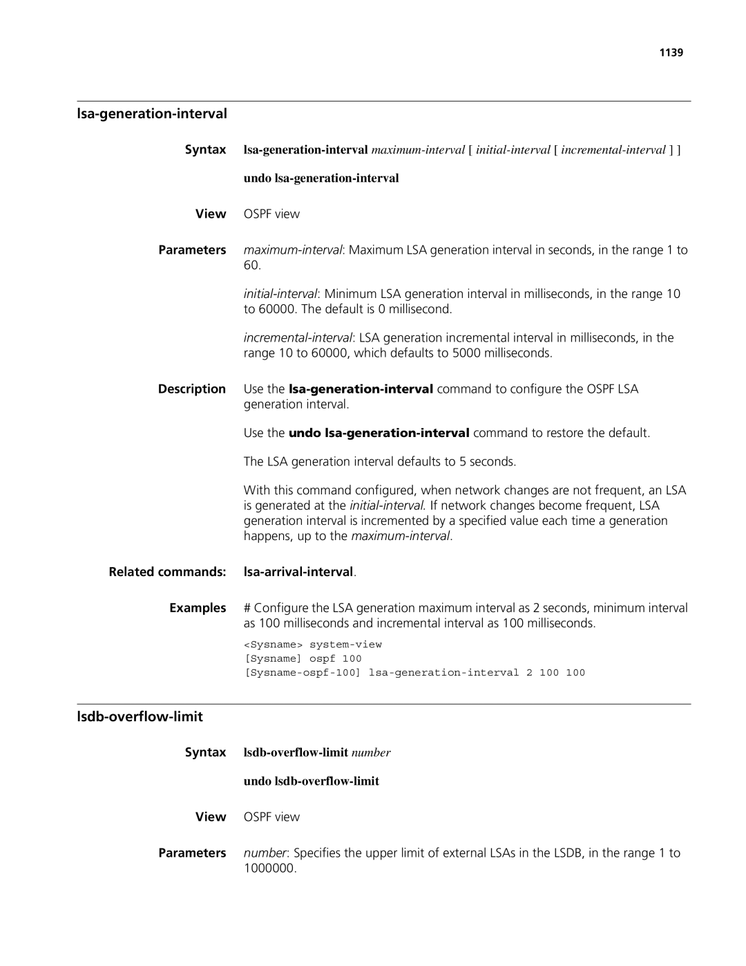 3Com MSR 50, MSR 30 manual Lsa-generation-interval, Lsdb-overflow-limit, Undo lsa-generation-interval 
