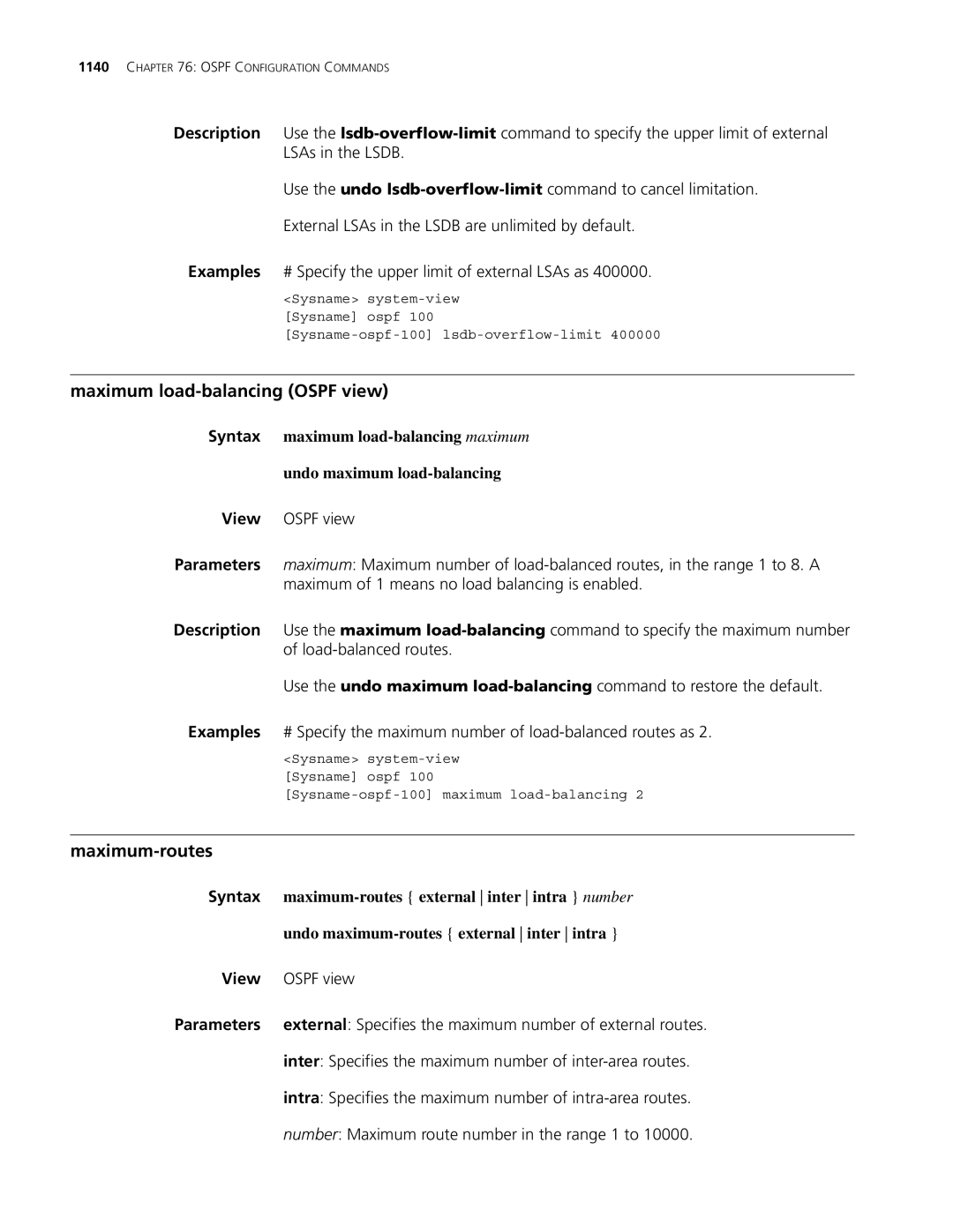 3Com MSR 30, MSR 50 manual Maximum load-balancing Ospf view, Maximum-routes, Number Maximum route number in the range 1 to 