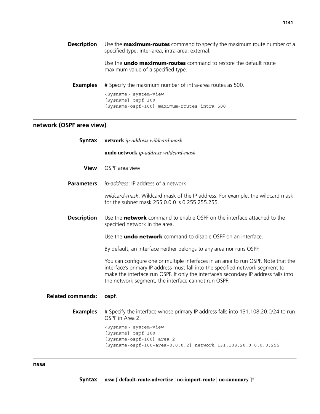 3Com MSR 50, MSR 30 manual Network Ospf area view, Nssa, Related commands ospf, 1141 