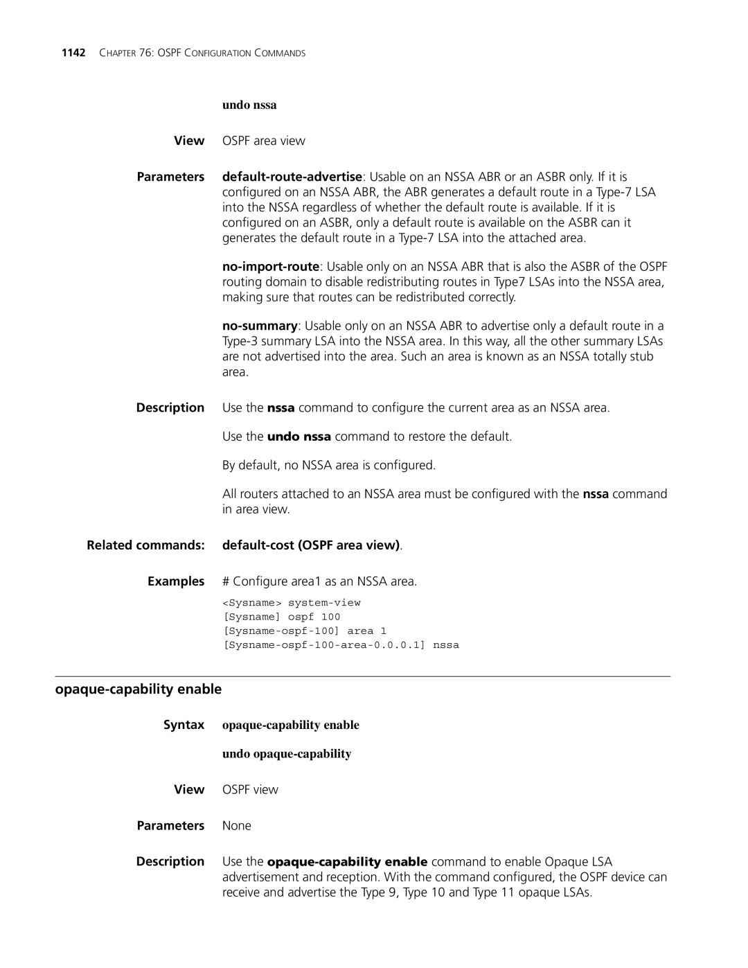 3Com MSR 30, MSR 50 manual Opaque-capability enable, Undo nssa, Related commands default-cost Ospf area view 