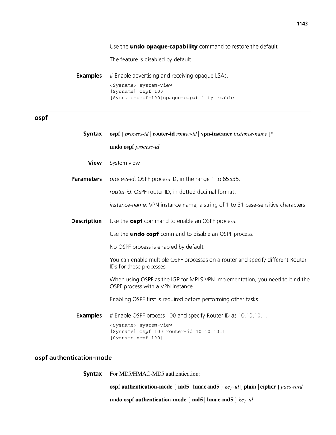 3Com MSR 50, MSR 30 manual Ospf authentication-mode, Undo ospf process-id, 1143 