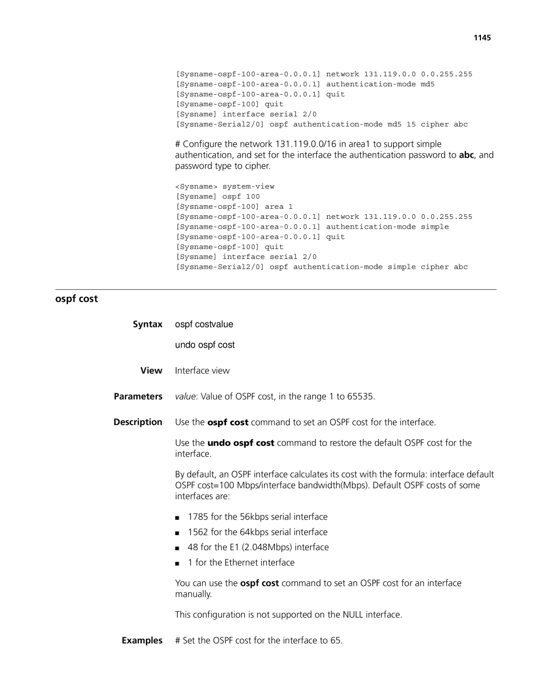 3Com MSR 50, MSR 30 manual Ospf cost, Syntax ospf cost value Undo ospf cost, 1145 