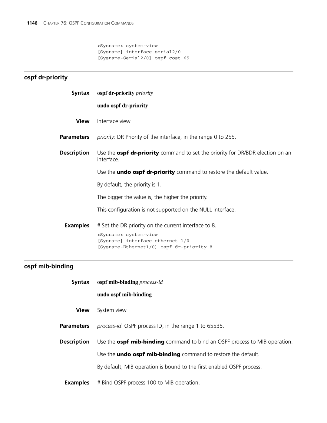 3Com MSR 30, MSR 50 manual Ospf dr-priority, Ospf mib-binding, Syntax ospf dr-priority priority Undo ospf dr-priority 