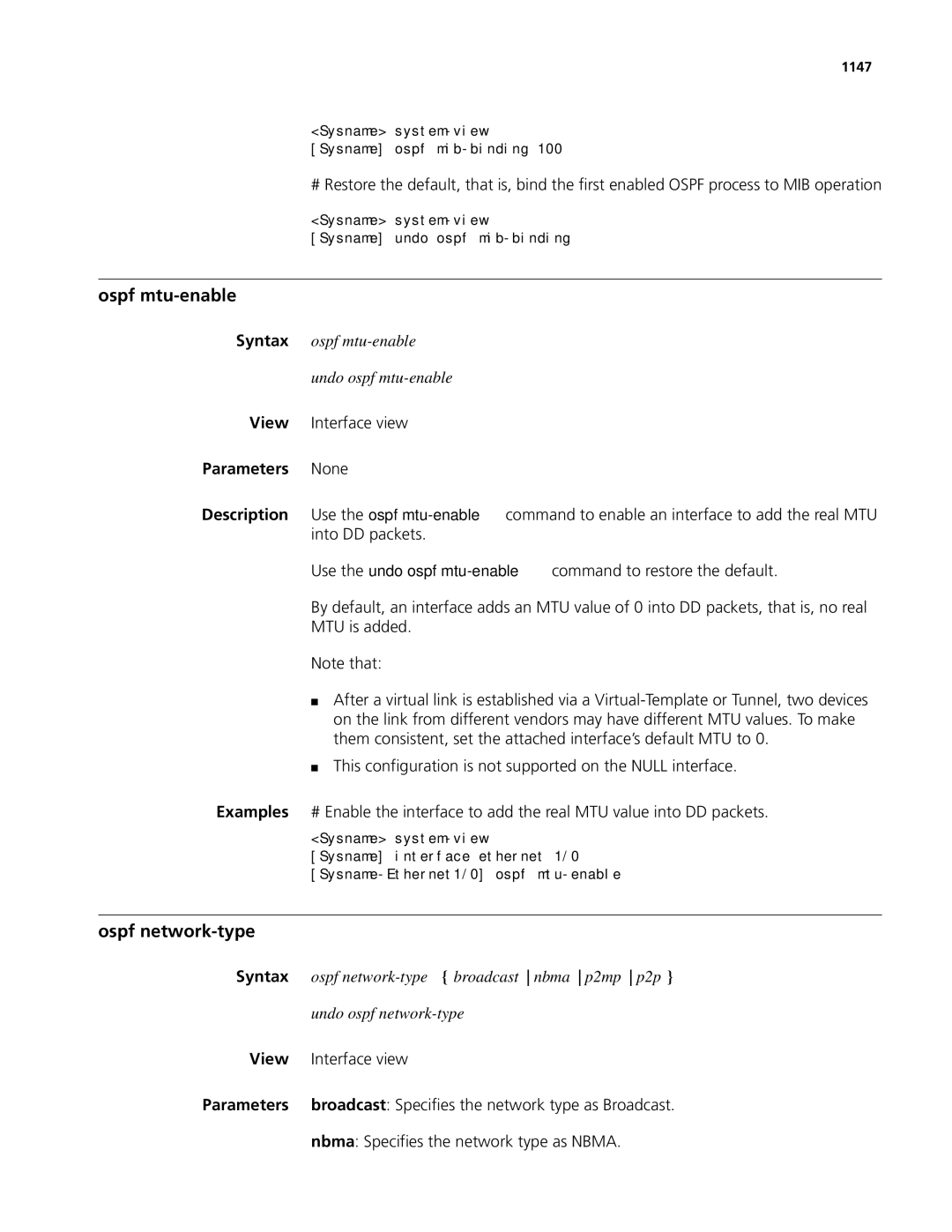 3Com MSR 50, MSR 30 manual Ospf mtu-enable, Ospf network-type 