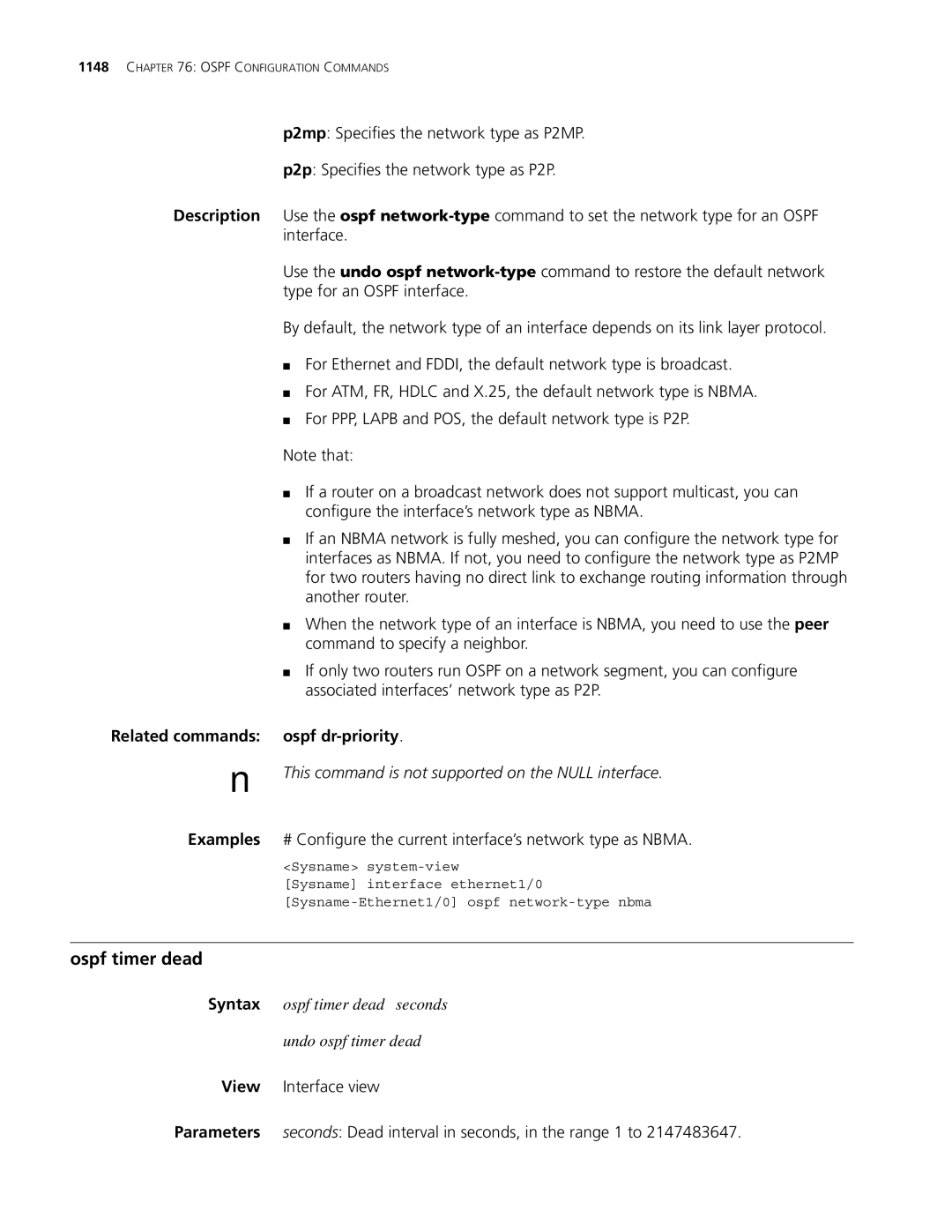 3Com MSR 30 manual Ospf timer dead, Related commands ospf dr-priority, This command is not supported on the Null interface 