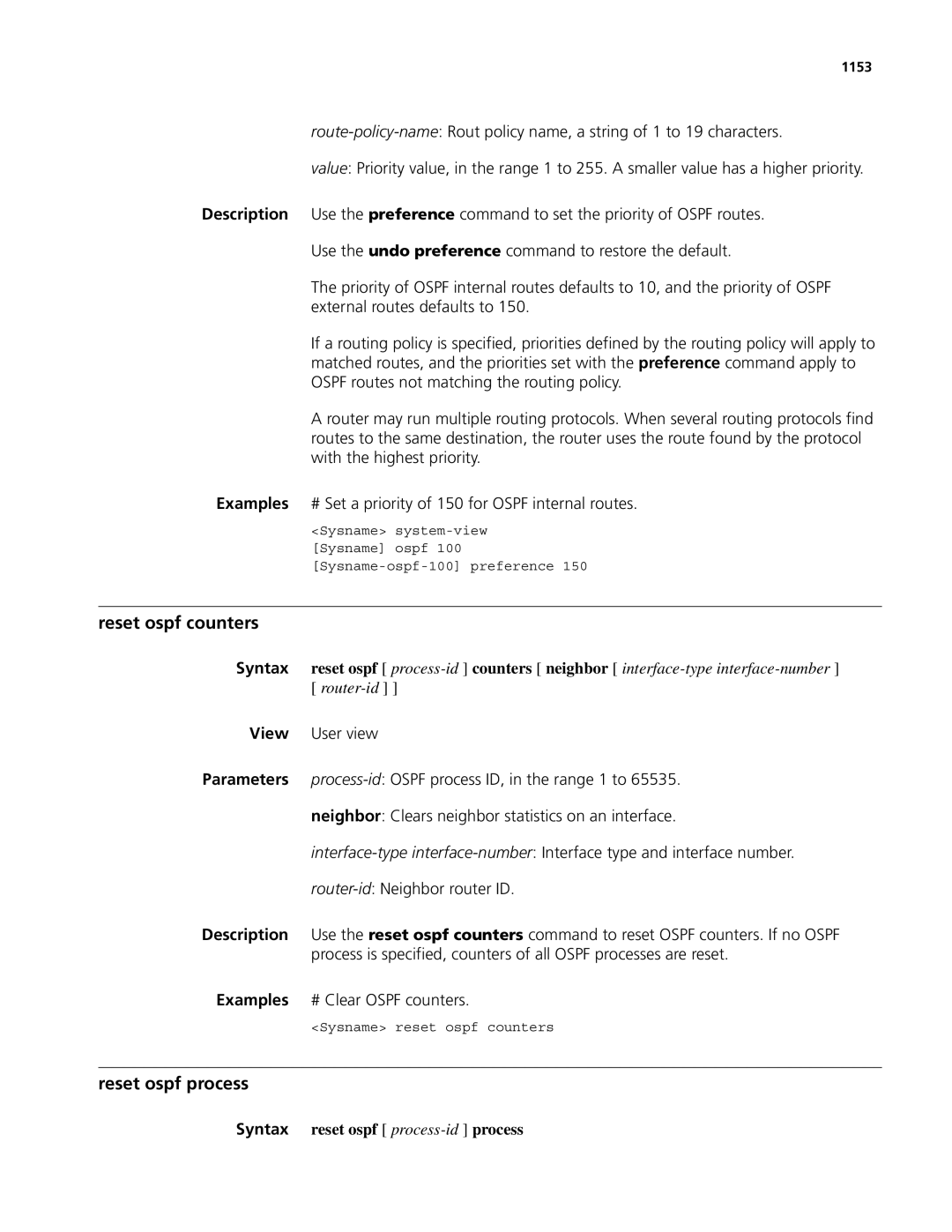 3Com MSR 50, MSR 30 manual Reset ospf counters, Reset ospf process, Syntax reset ospf process-id process, 1153 