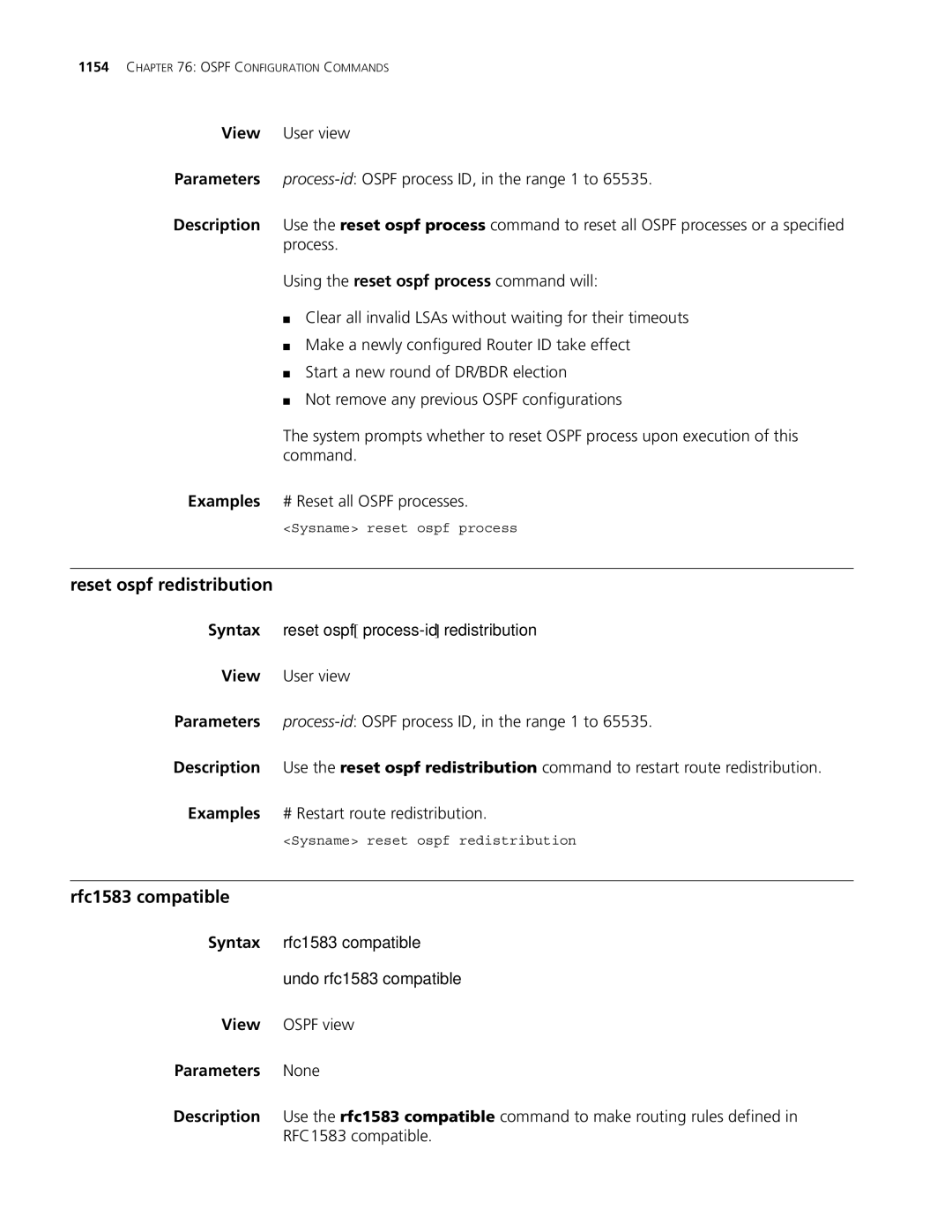 3Com MSR 30, MSR 50 manual Reset ospf redistribution, Rfc1583 compatible, Syntax reset ospf process-id redistribution 