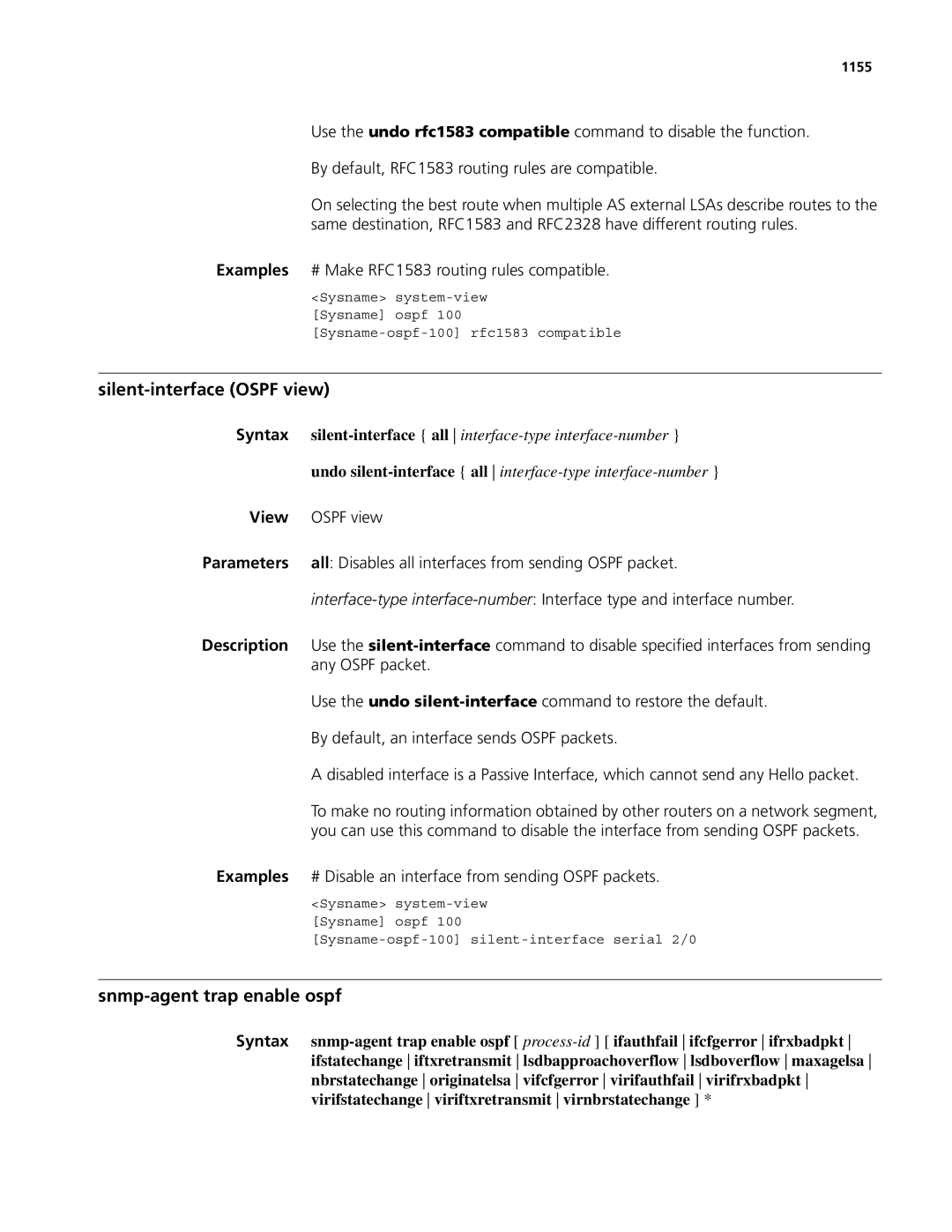 3Com MSR 50, MSR 30 manual Silent-interface Ospf view, Snmp-agent trap enable ospf 