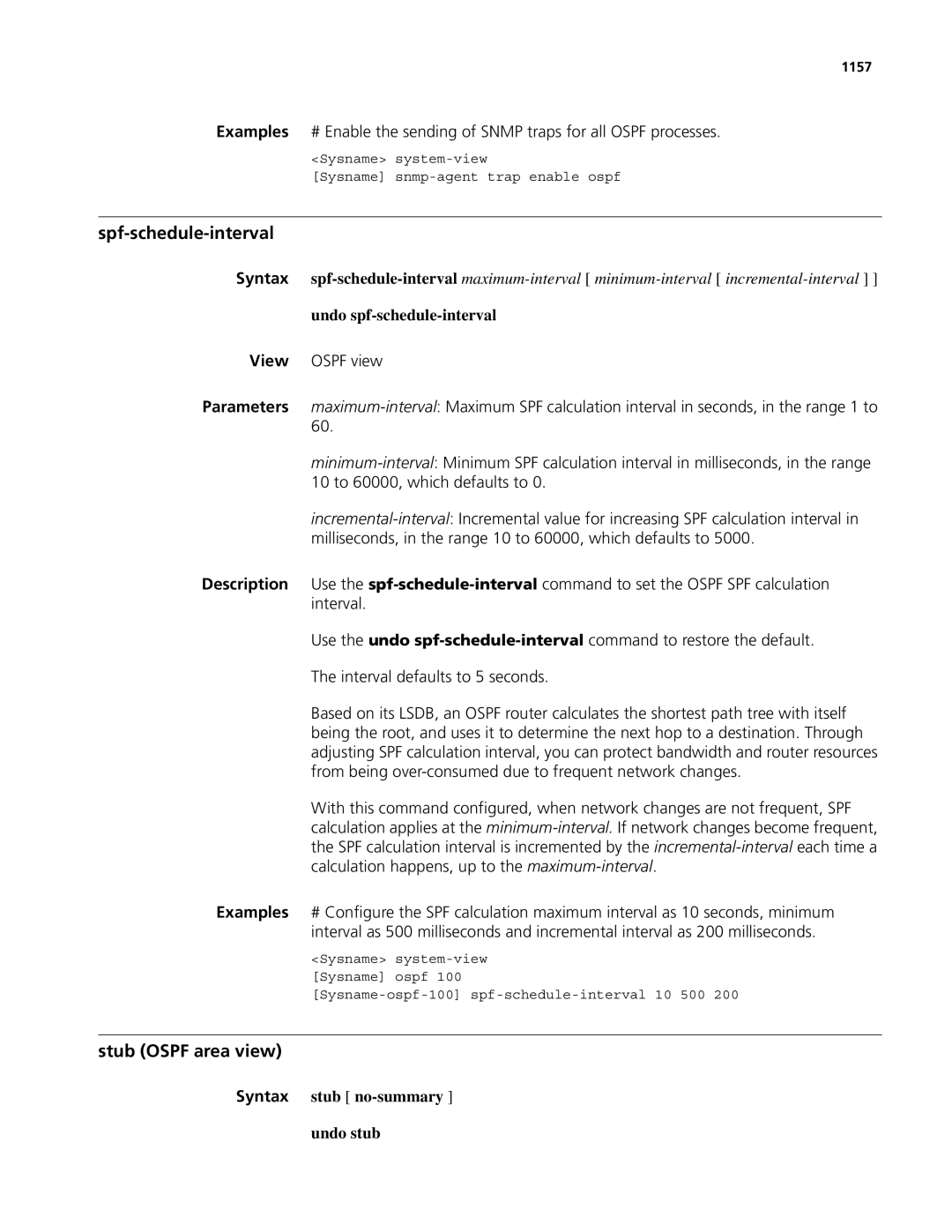 3Com MSR 50 Spf-schedule-interval, Stub Ospf area view, Undo spf-schedule-interval, Syntax stub no-summary Undo stub, 1157 