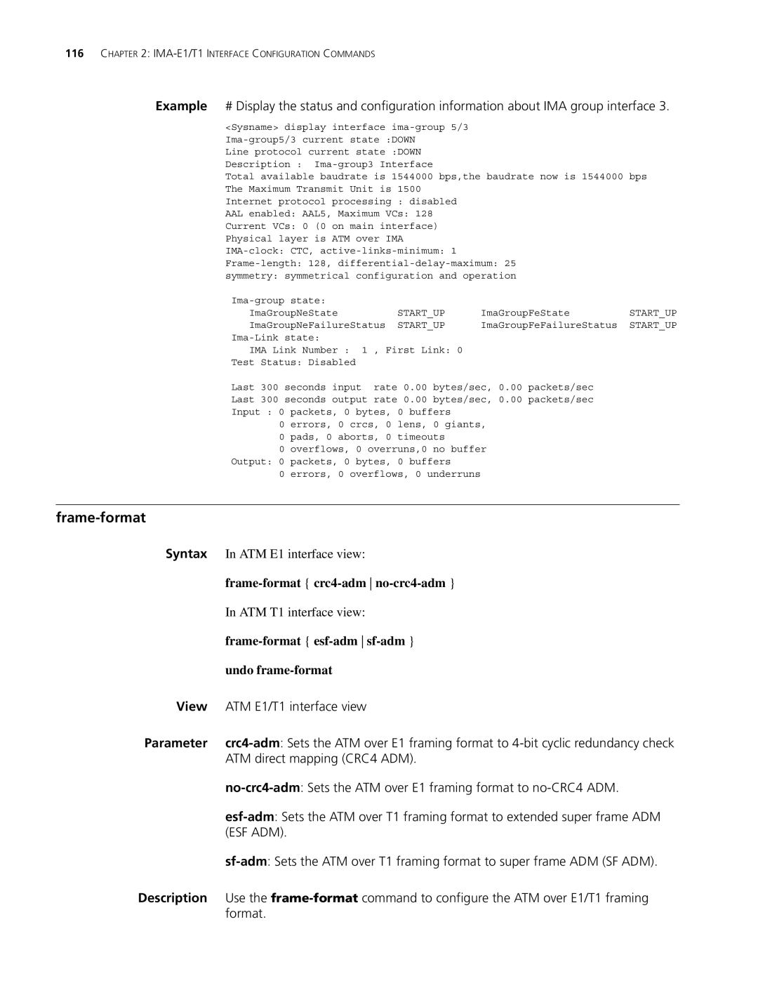 3Com MSR 30, MSR 50 Frame-format, View ATM E1/T1 interface view Parameter, ATM direct mapping CRC4 ADM, Esf Adm, Format 