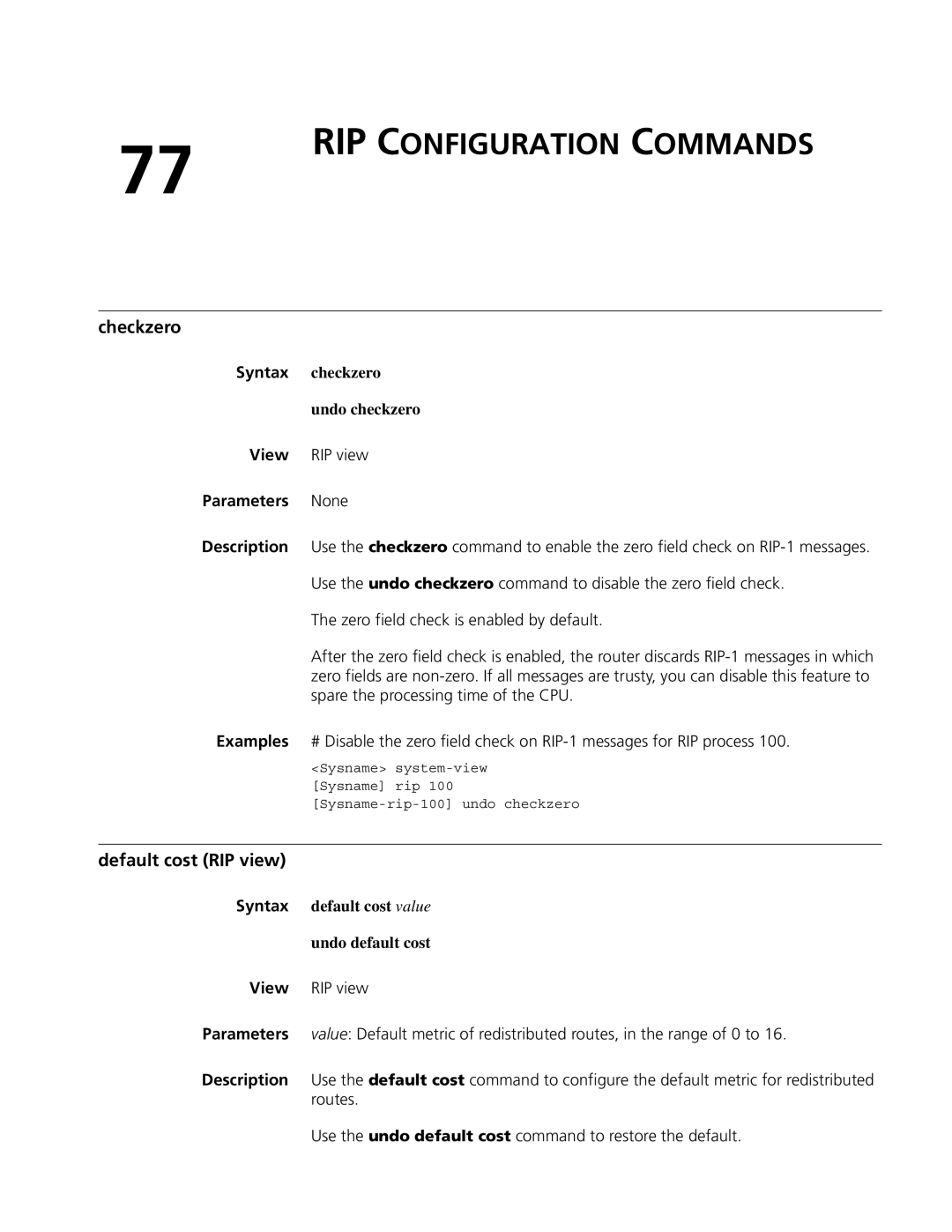 3Com MSR 50, MSR 30 manual RIP Configuration Commands, Checkzero, Default cost RIP view, Syntax checkzero Undo checkzero 