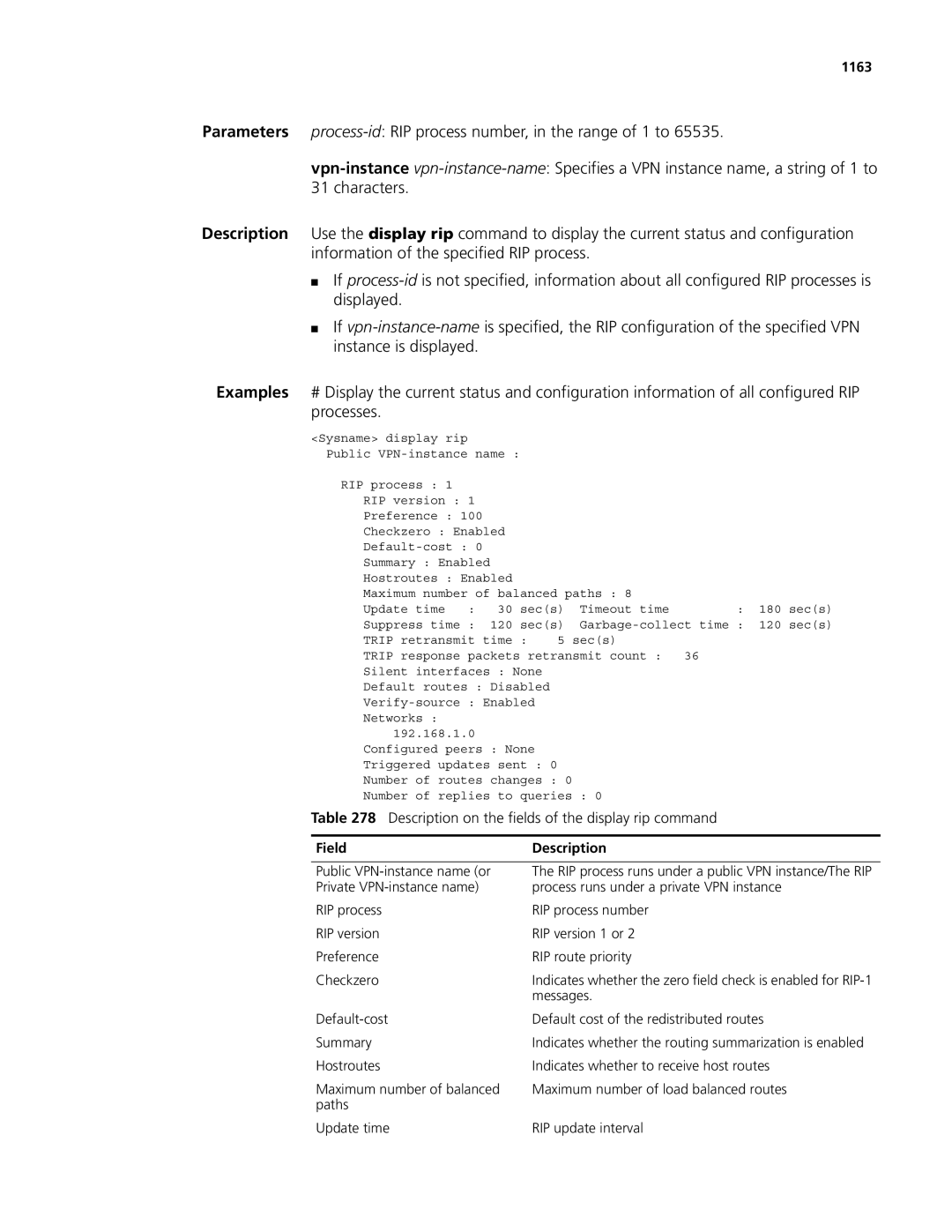 3Com MSR 50, MSR 30 manual Description on the fields of the display rip command, 1163 