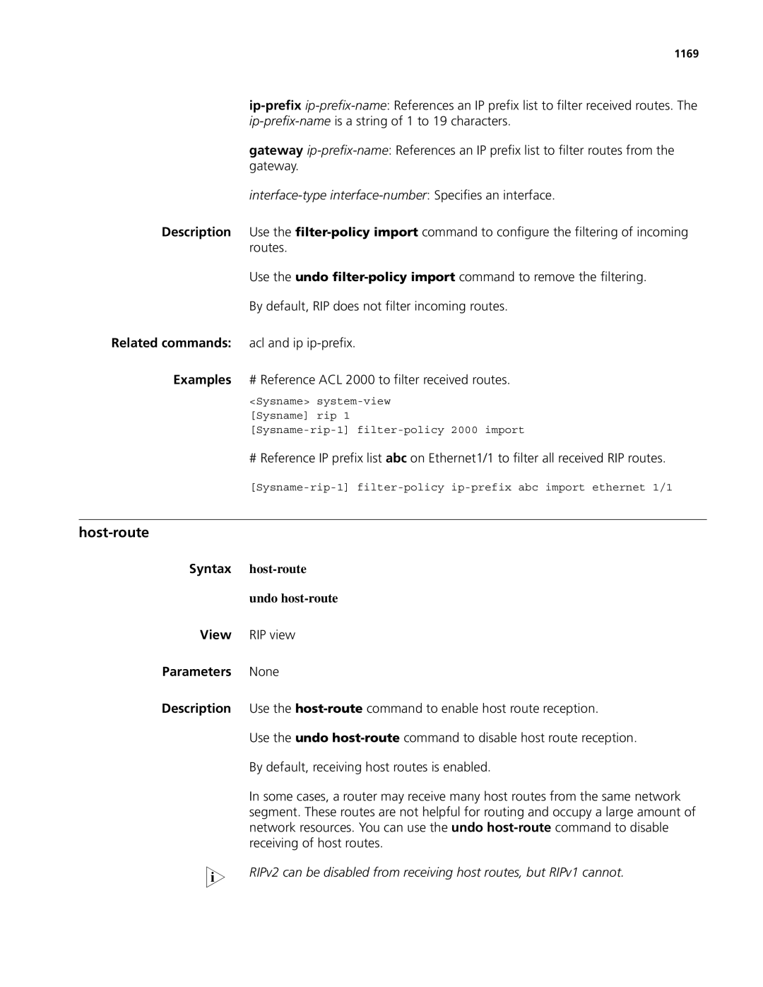 3Com MSR 50, MSR 30 manual Host-route, Syntax host-route Undo host-route, 1169 