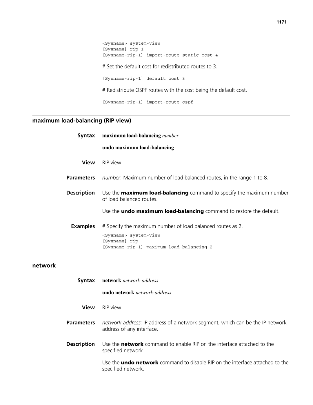 3Com MSR 50, MSR 30 manual Maximum load-balancing RIP view, # Set the default cost for redistributed routes to, 1171 