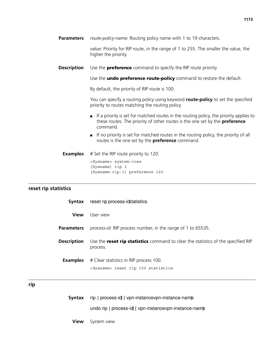 3Com MSR 50, MSR 30 manual Reset rip statistics, Rip, Syntax reset rip process-idstatistics, 1173 